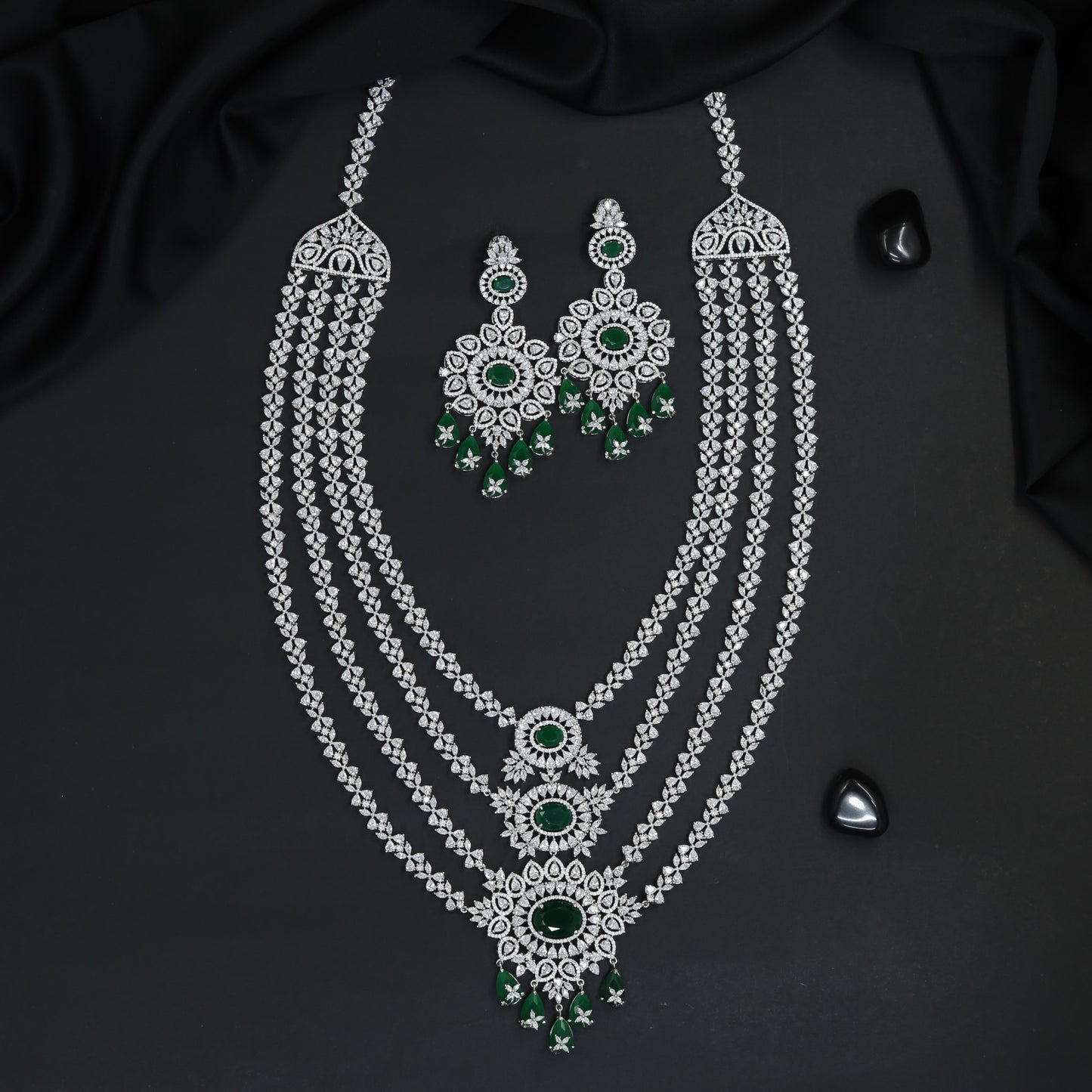 Floral Pendant Rhodium Long Haara with Triple Layer Arrangement