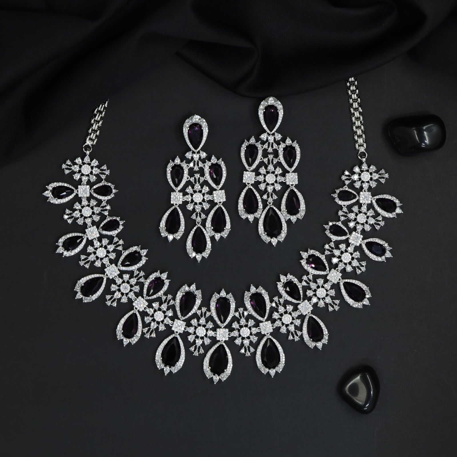 Floral Vine Rhodium Necklace Set with Pear Motif Links