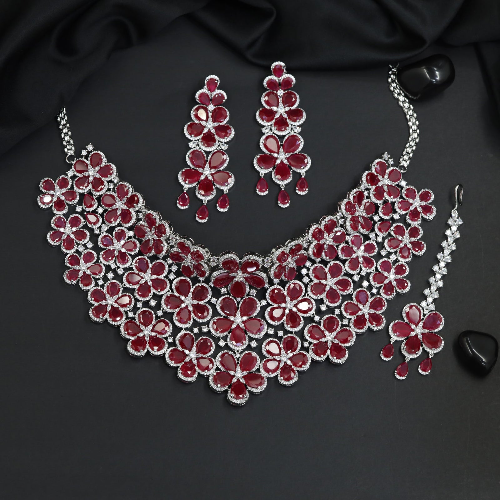 Floral Bloom Rhodium Choker with Decorative Drop Fringe