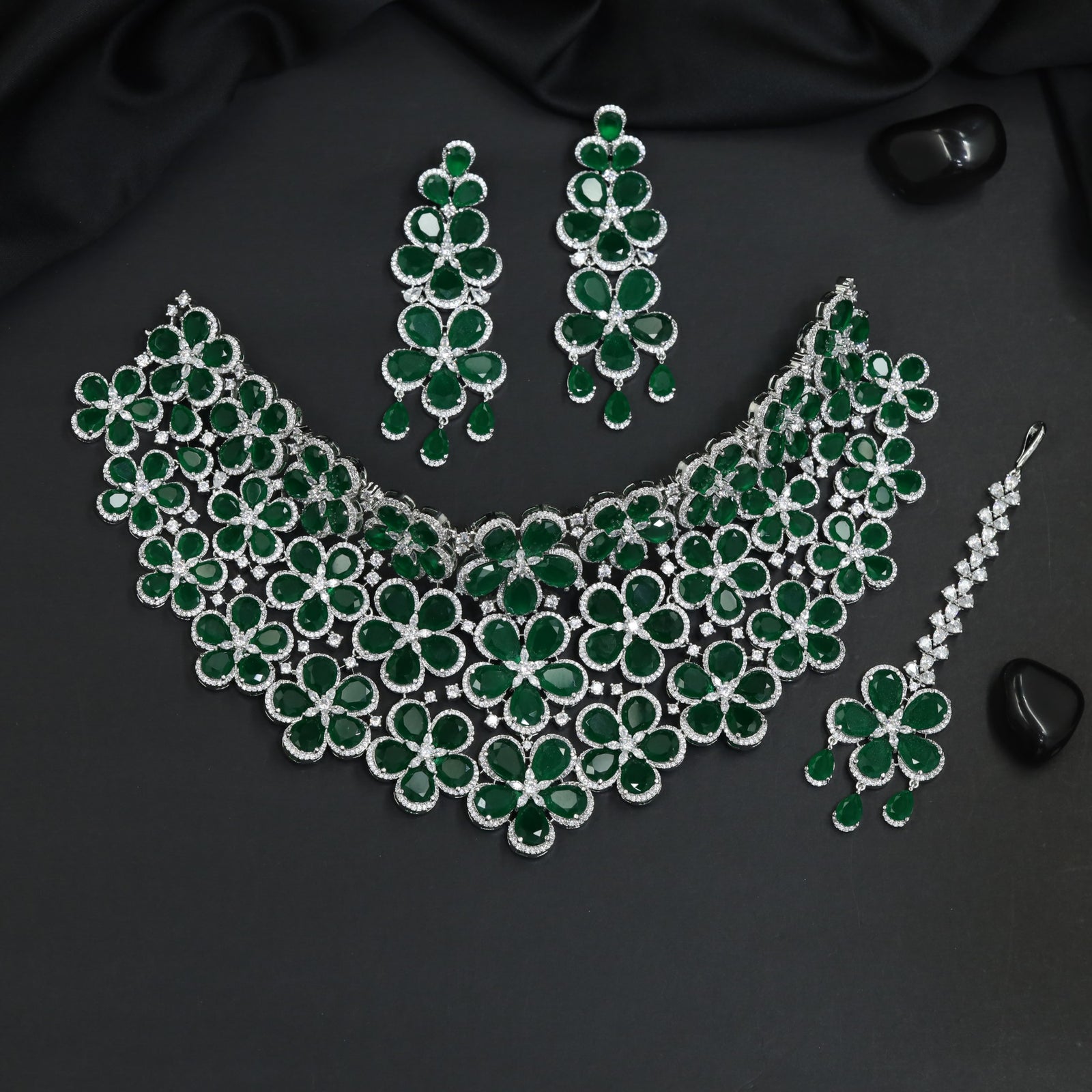Floral Bloom Rhodium Choker with Decorative Drop Fringe