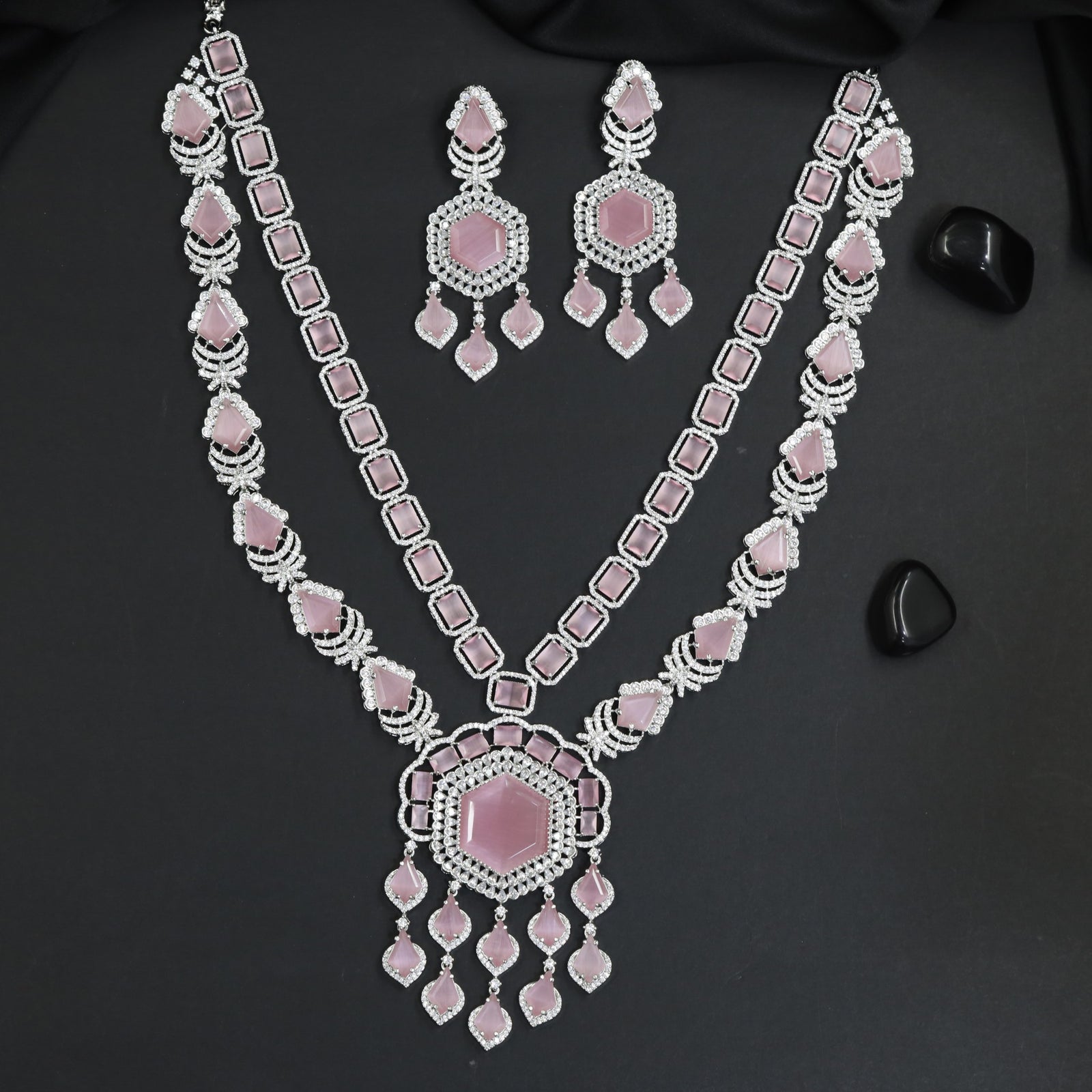 Floral Garland Rhodium Necklace Set with Decorative Drop Accents