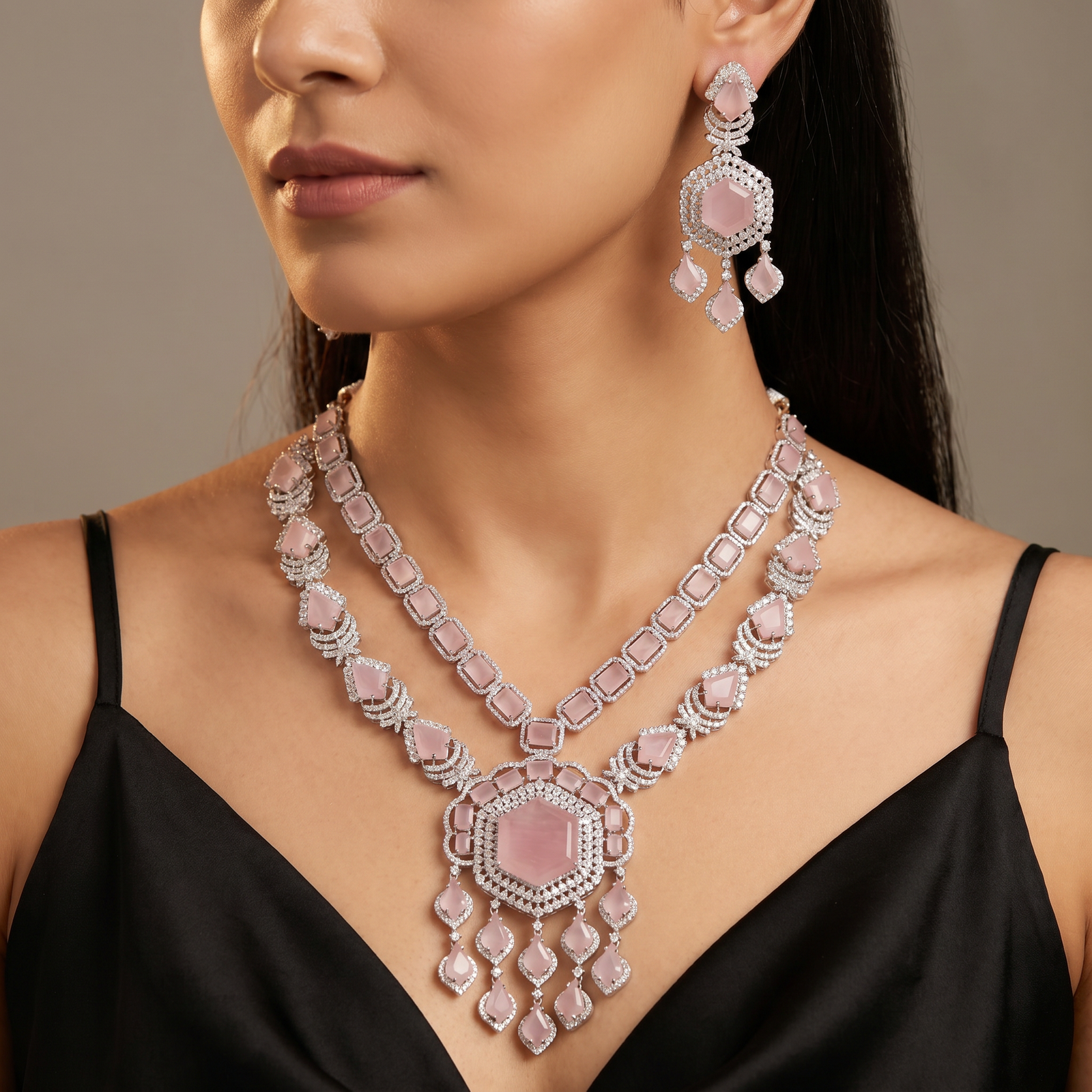 Floral Garland Rhodium Necklace Set with Decorative Drop Accents