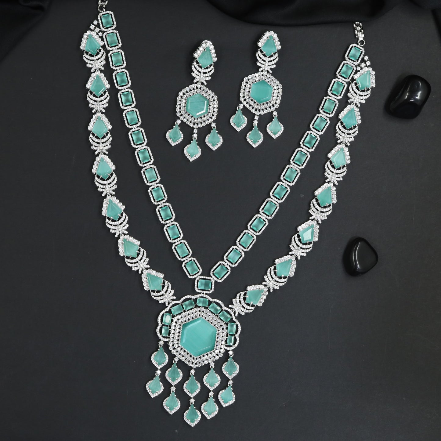 Floral Garland Rhodium Necklace Set with Decorative Drop Accents
