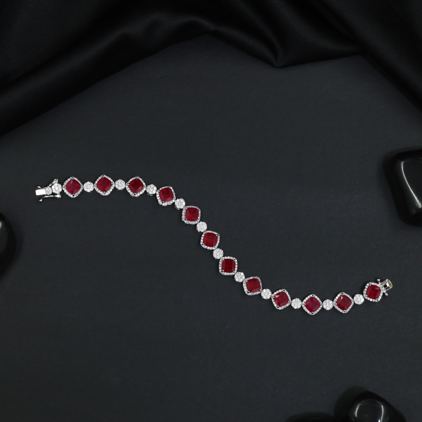 Rhodium Bracelet with Repeating Cushion Elements and Floral Clusters
