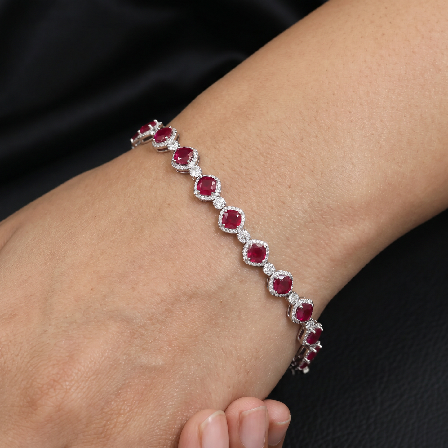 Rhodium Bracelet with Repeating Cushion Elements and Floral Clusters