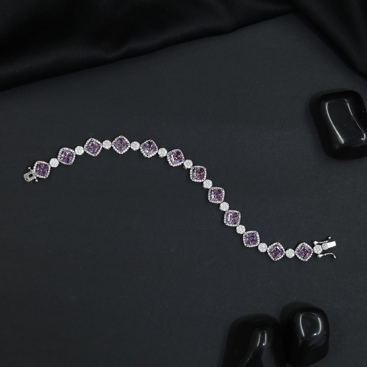 Rhodium Bracelet with Repeating Cushion Elements and Floral Clusters