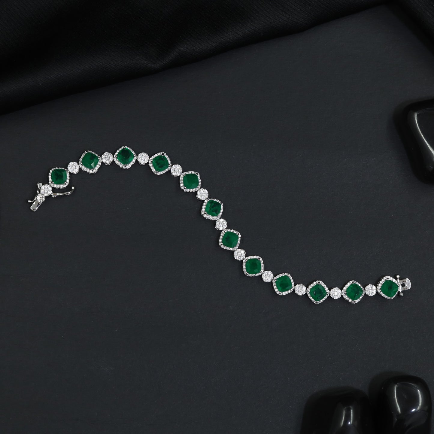 Rhodium Bracelet with Repeating Cushion Elements and Floral Clusters