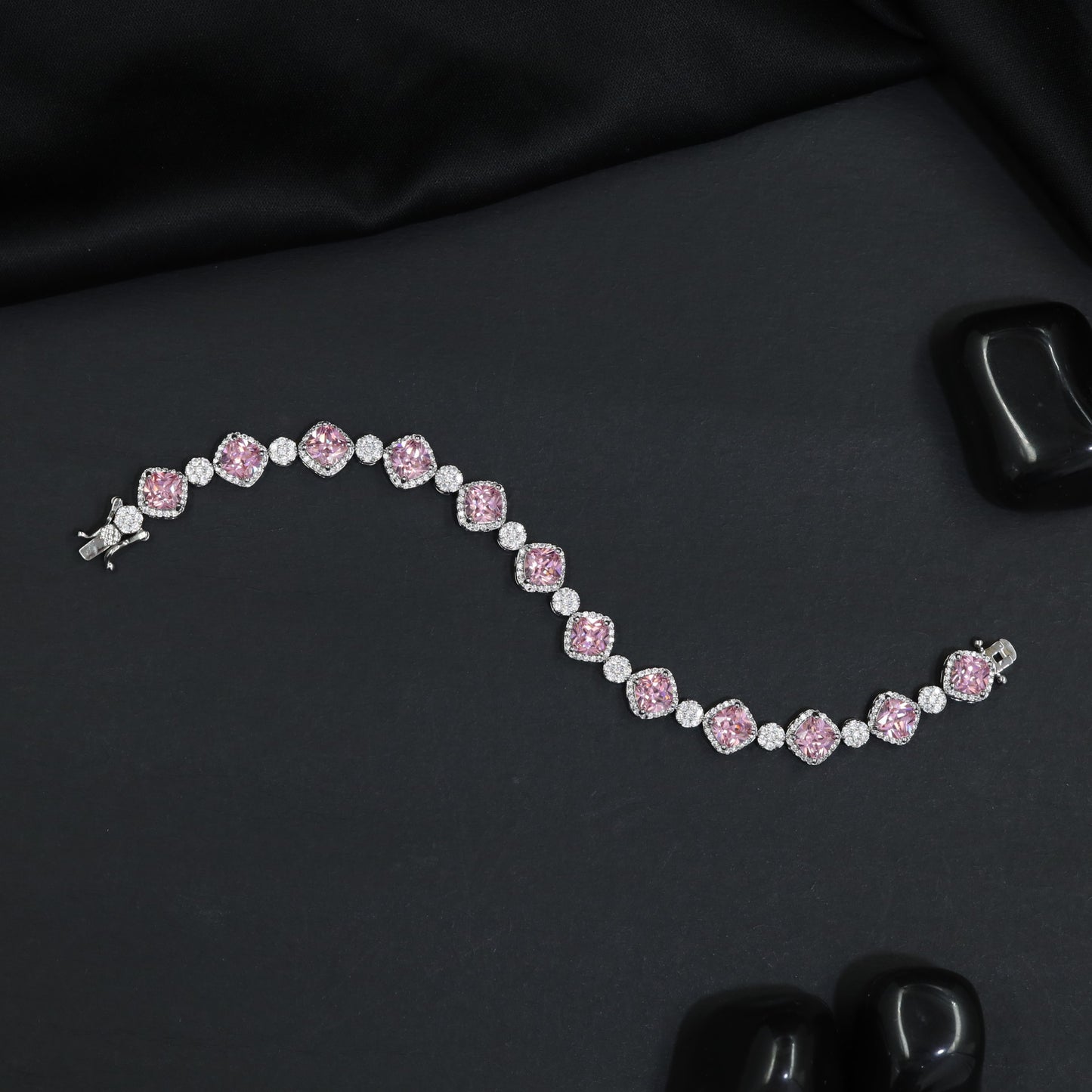 Rhodium Bracelet with Repeating Cushion Elements and Floral Clusters