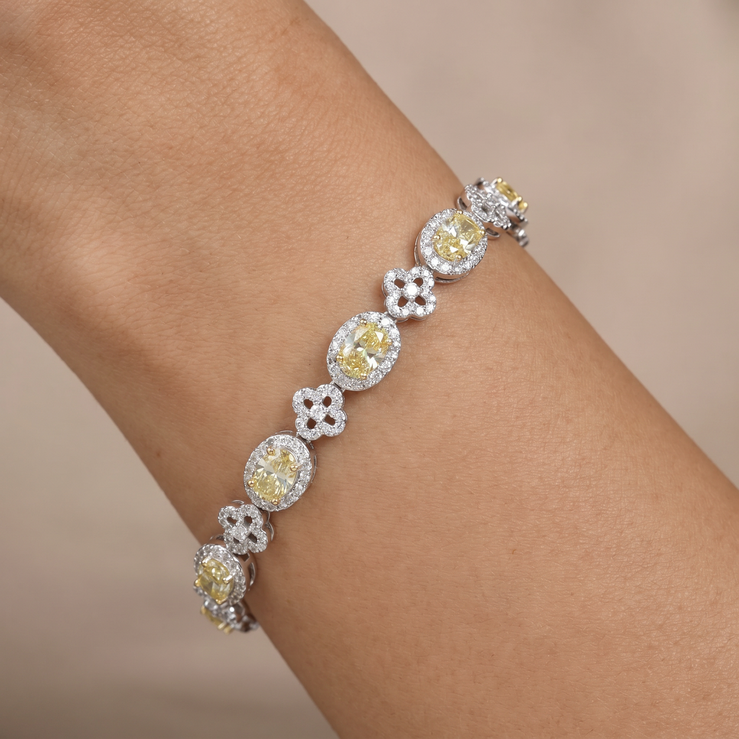 Rhodium Bracelet with Repeating Rosette Elements and Circular Links