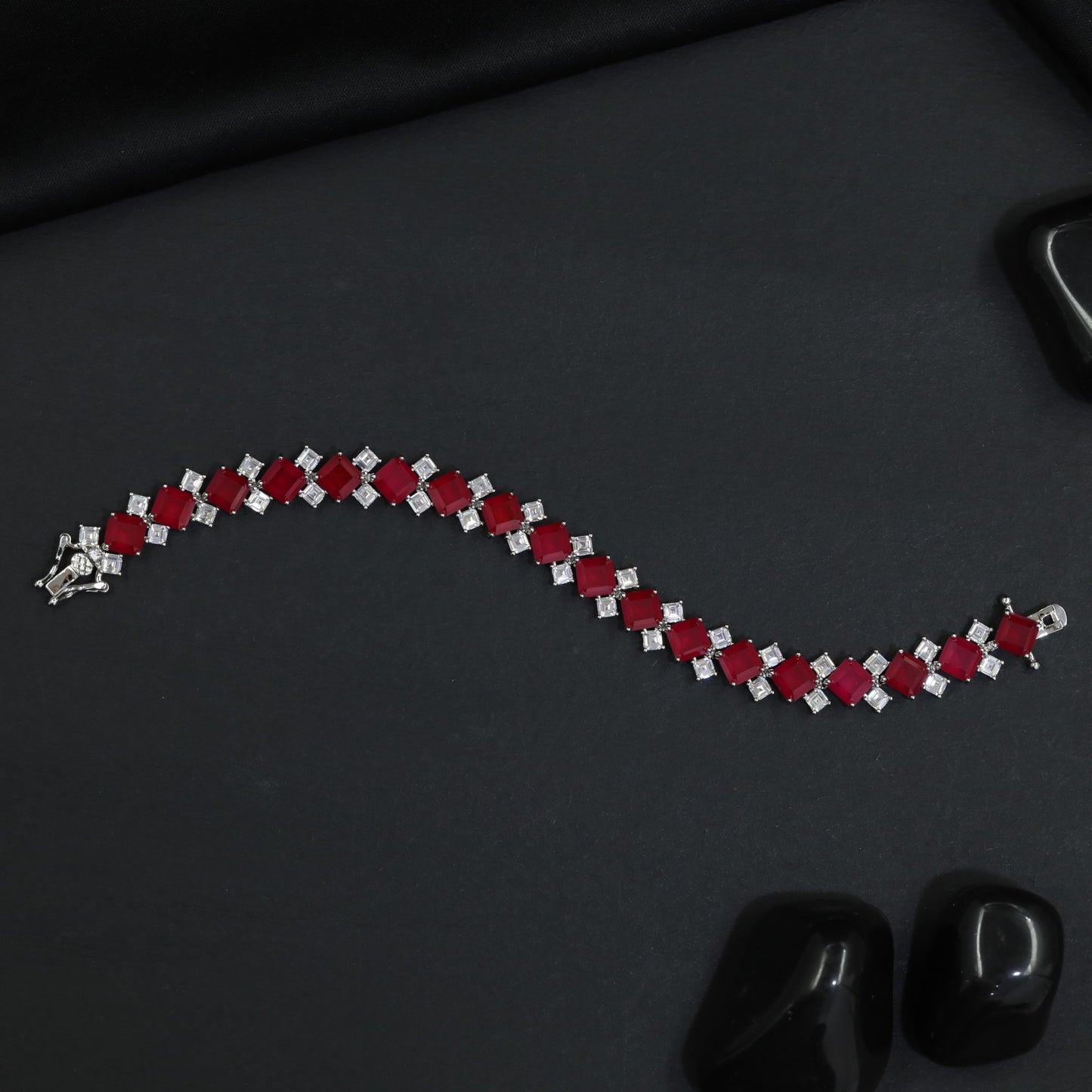 Rhodium Bracelet with Repeating Cushion Elements and Angular Accents