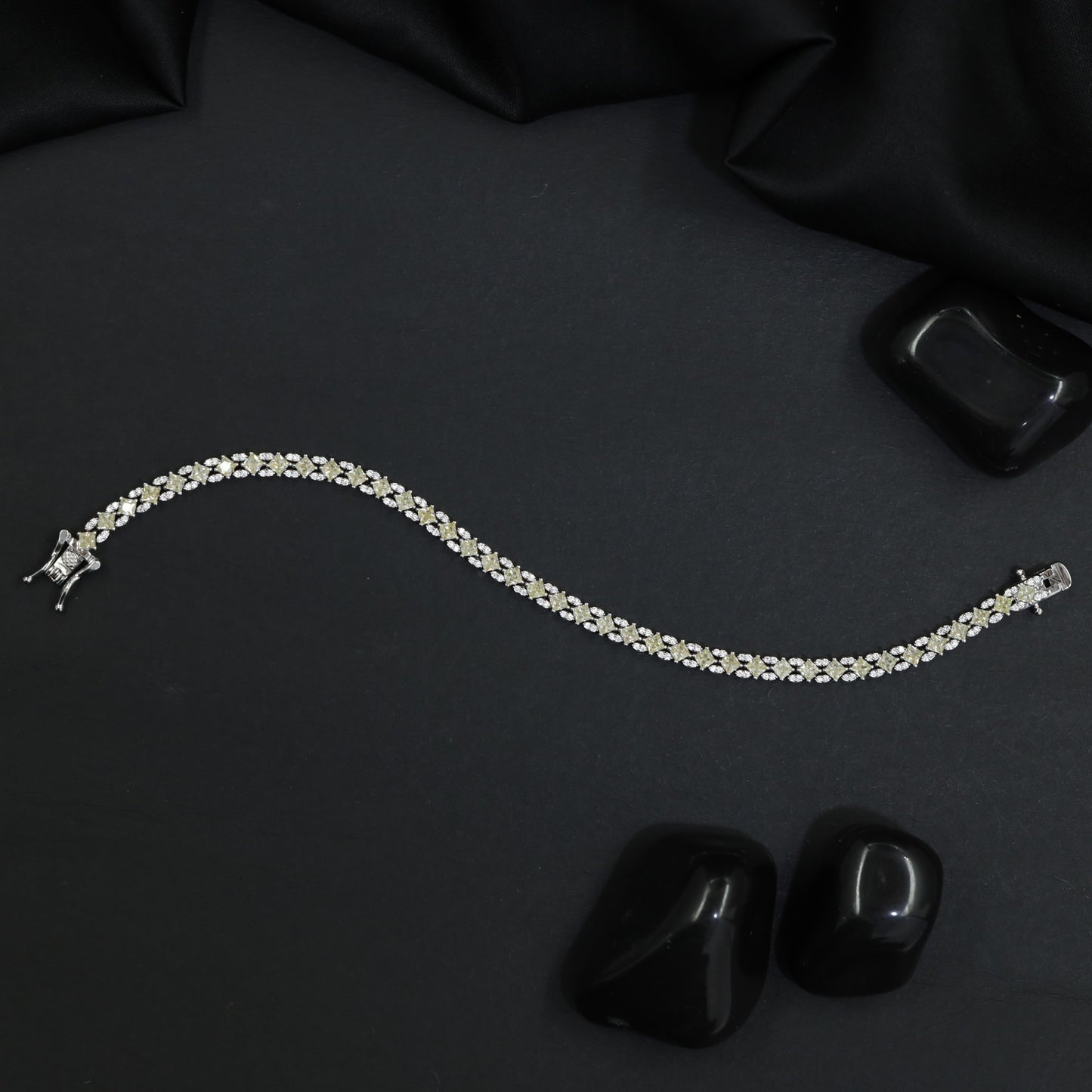 Rhodium Bracelet with Intricate Floral Clusters and Elegant Detailing