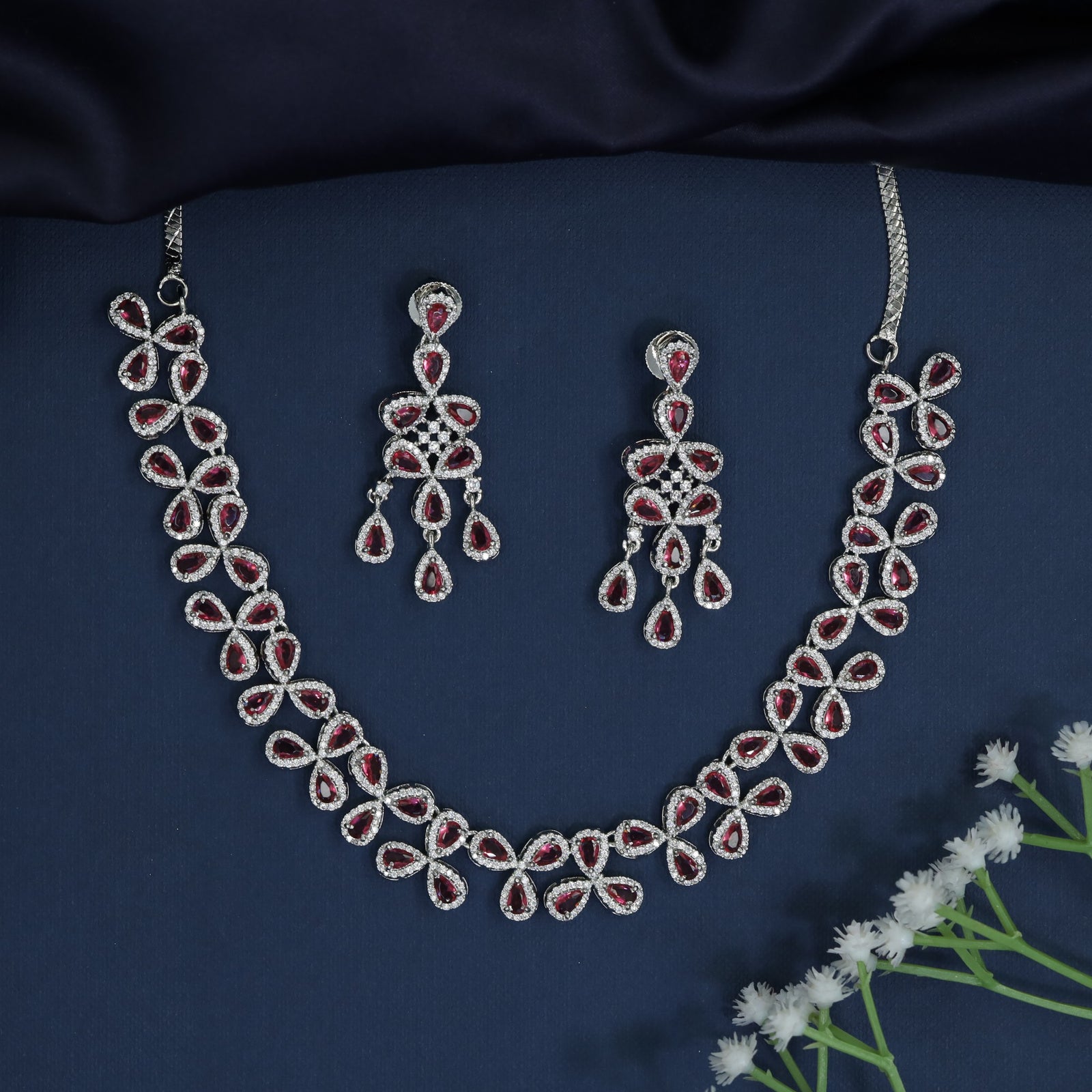 Crown Jewels Edit rhodium necklace set with open petal formation