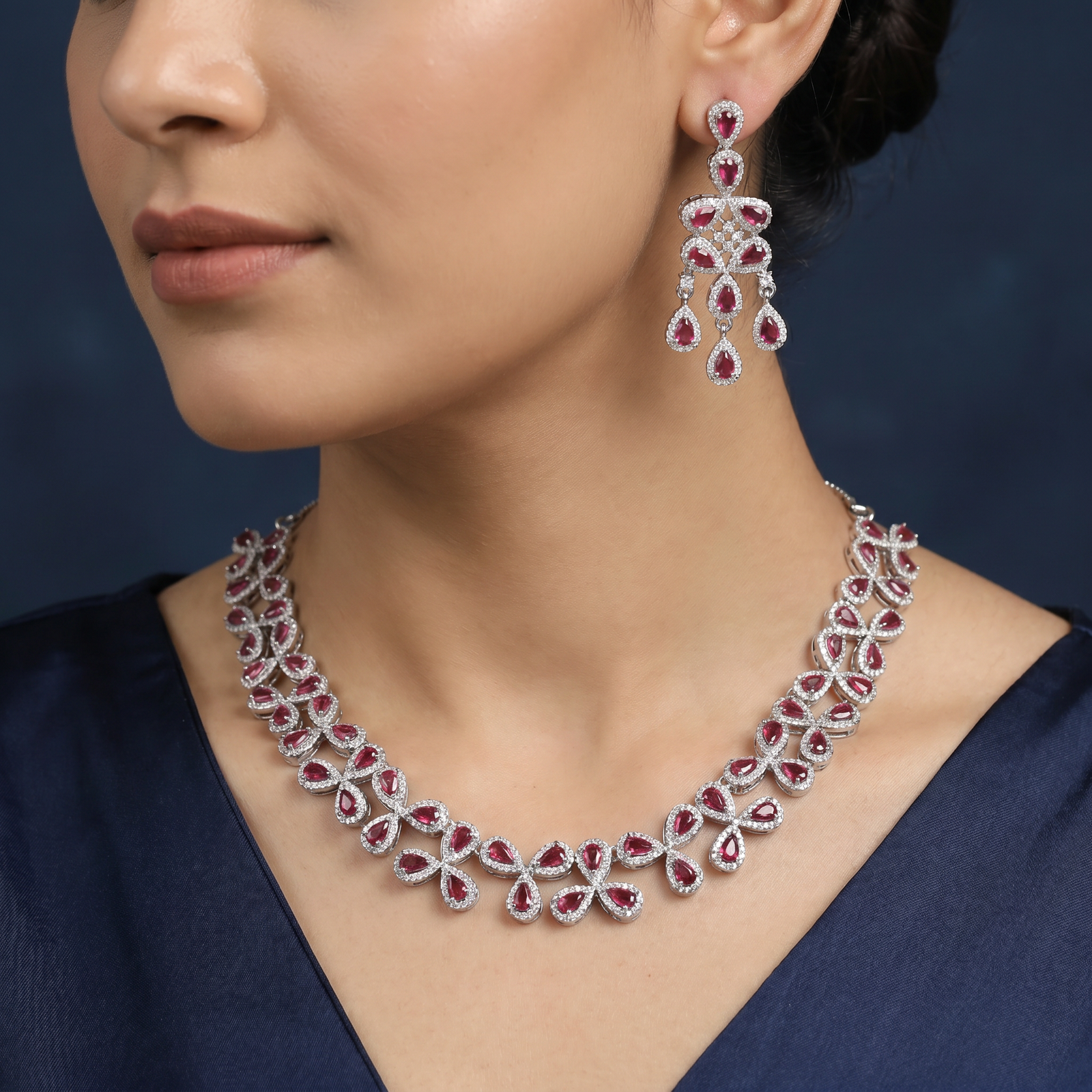 Crown Jewels Edit rhodium necklace set with open petal formation