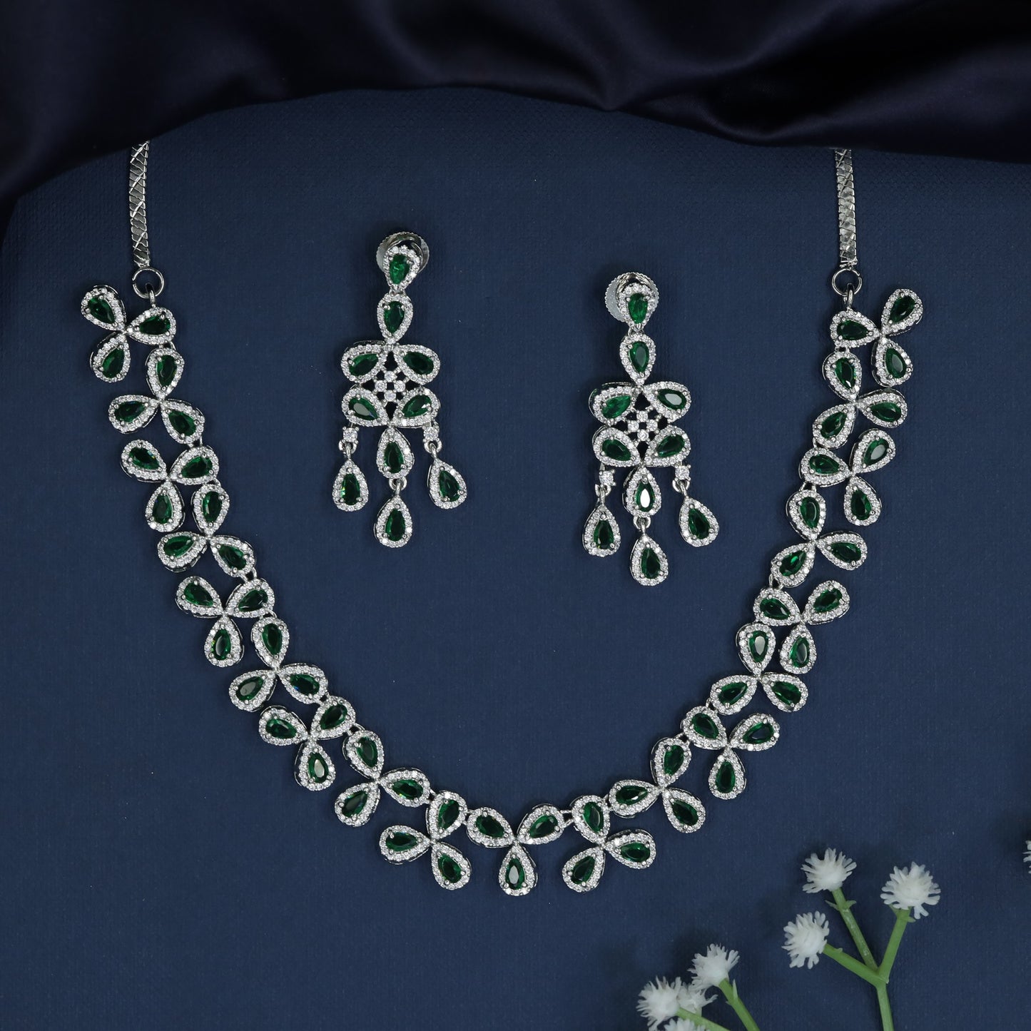 Crown Jewels Edit rhodium necklace set with open petal formation