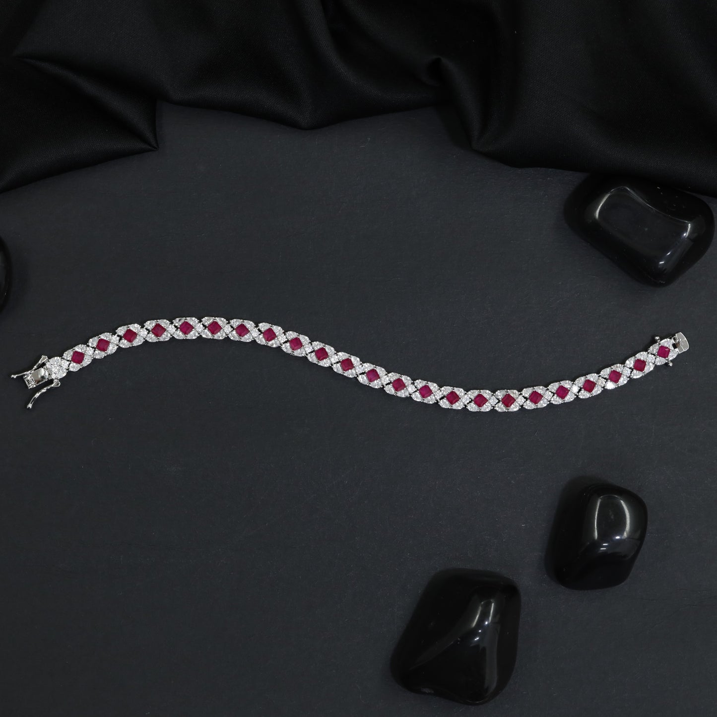 Rhodium Bracelet with Balanced Chevron Arrangement and Floral Details
