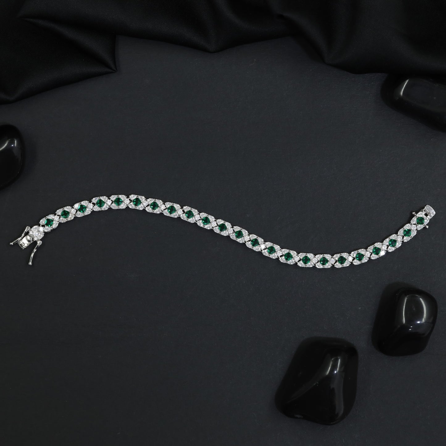 Rhodium Bracelet with Balanced Chevron Arrangement and Floral Details