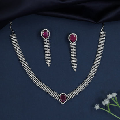 Chevron collar rhodium necklace set with pendant frame centerpiece