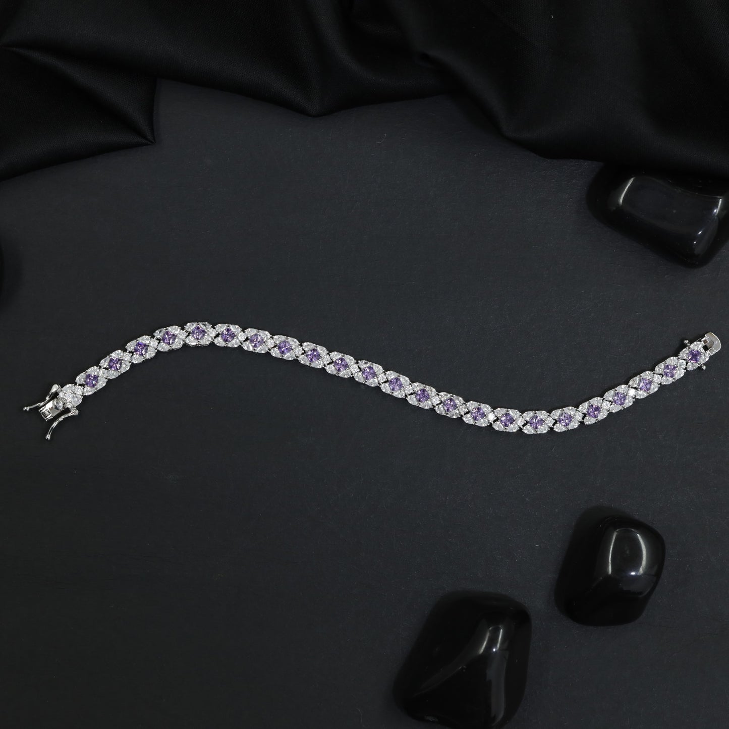 Rhodium Bracelet with Balanced Chevron Arrangement and Floral Details