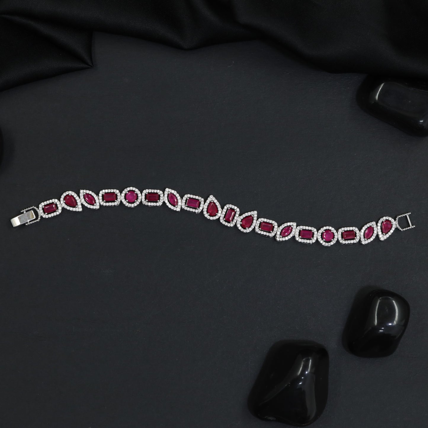 Rhodium Bracelet with Alternating Framed Links and Decorative Elements