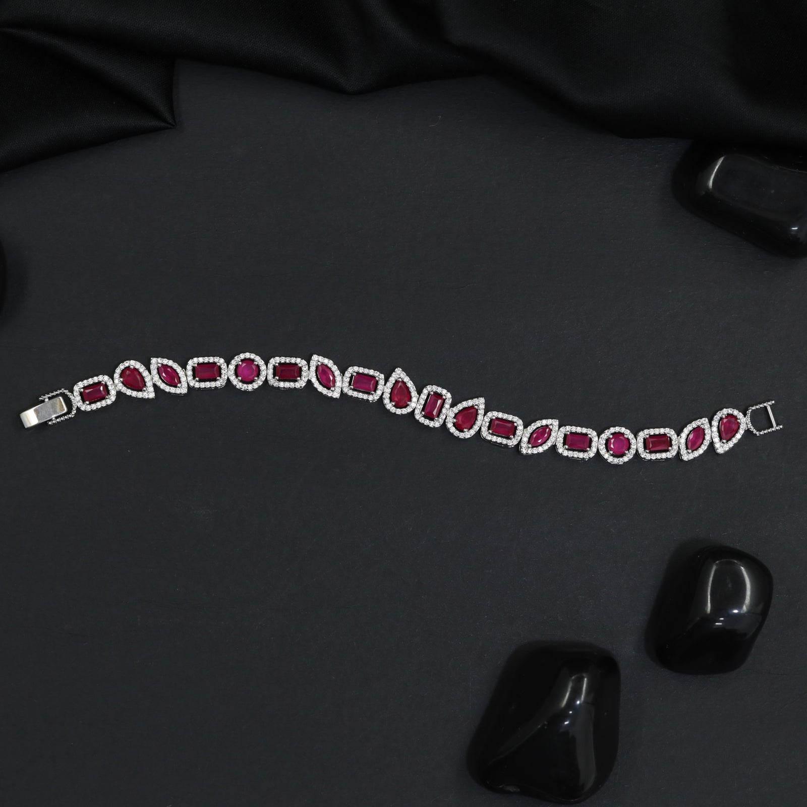 Rhodium Bracelet with Alternating Framed Links and Decorative Elements