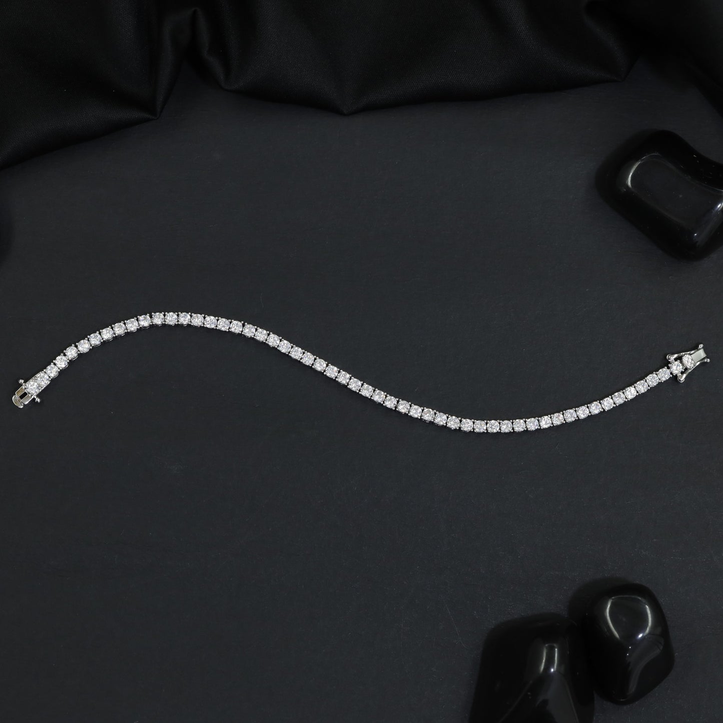 Rhodium Bracelet with Rounded Square Links and Continuous Pattern
