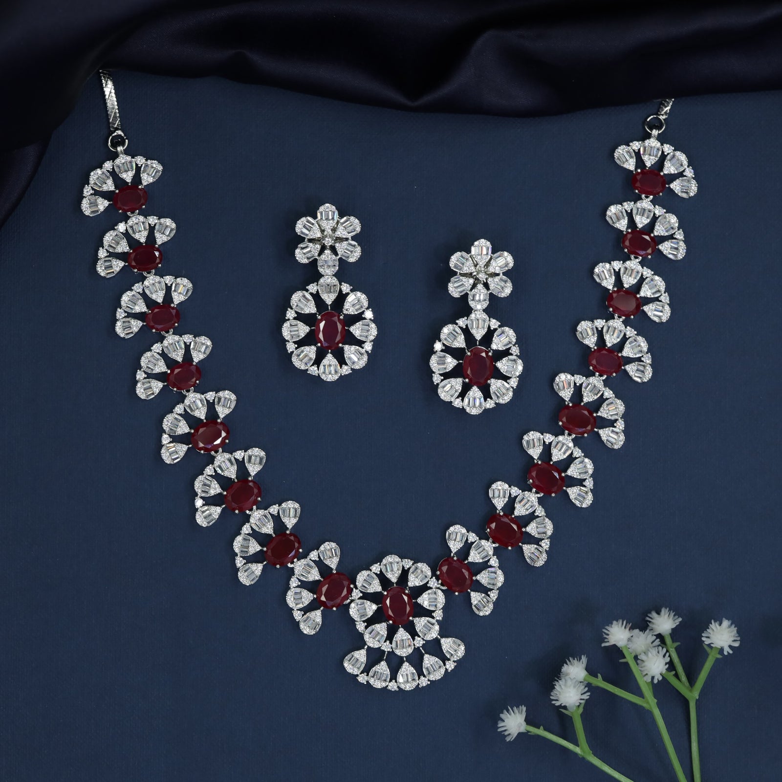 Botanical Rosette Rhodium Necklace with Scalloped Necklace Silhouette