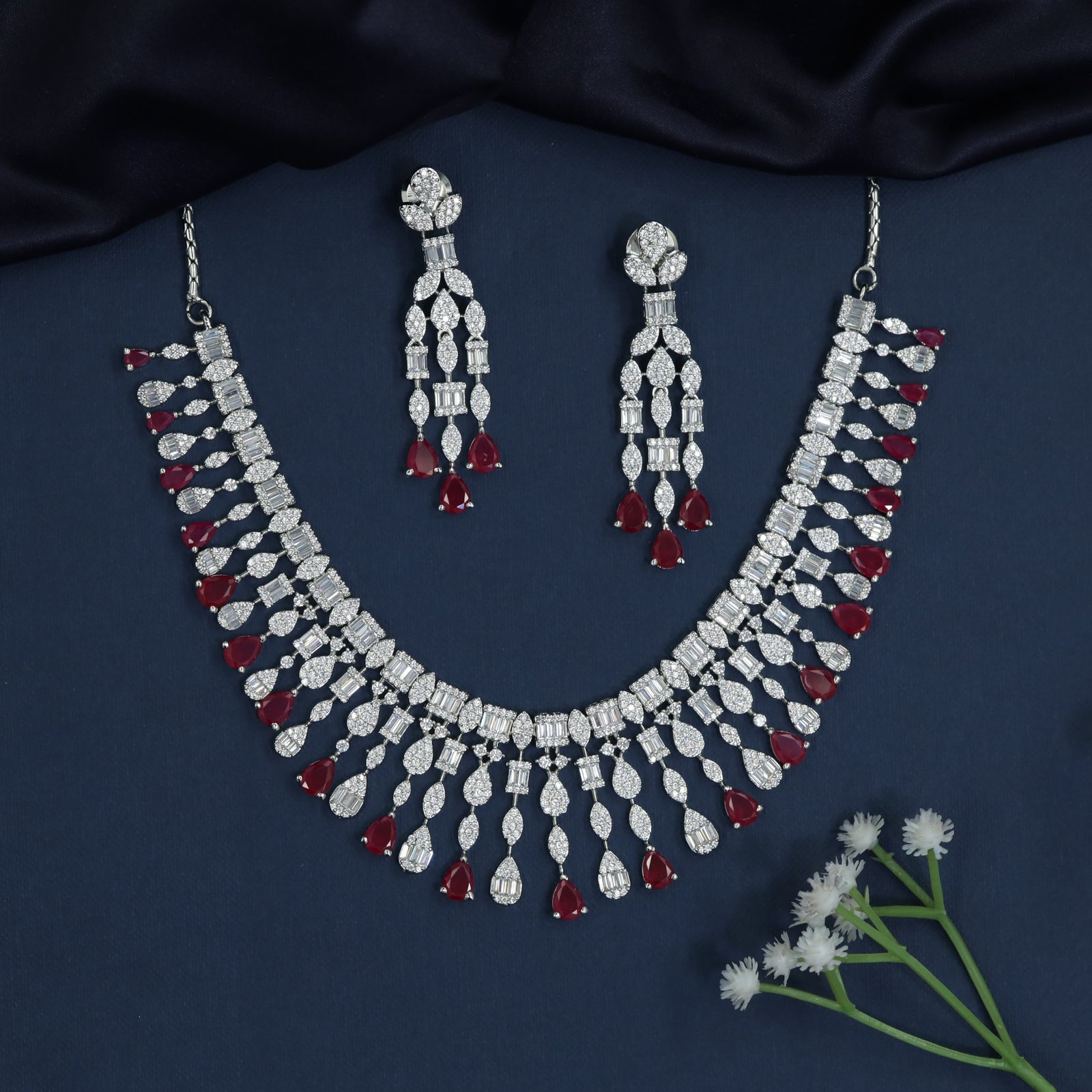 Crystal Fringe Rhodium Necklace with Scalloped Necklace Design