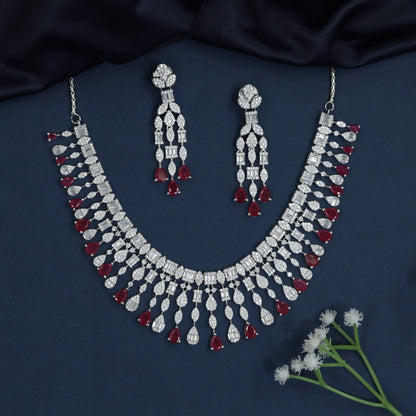 Crystal Fringe Rhodium Necklace with Scalloped Necklace Design