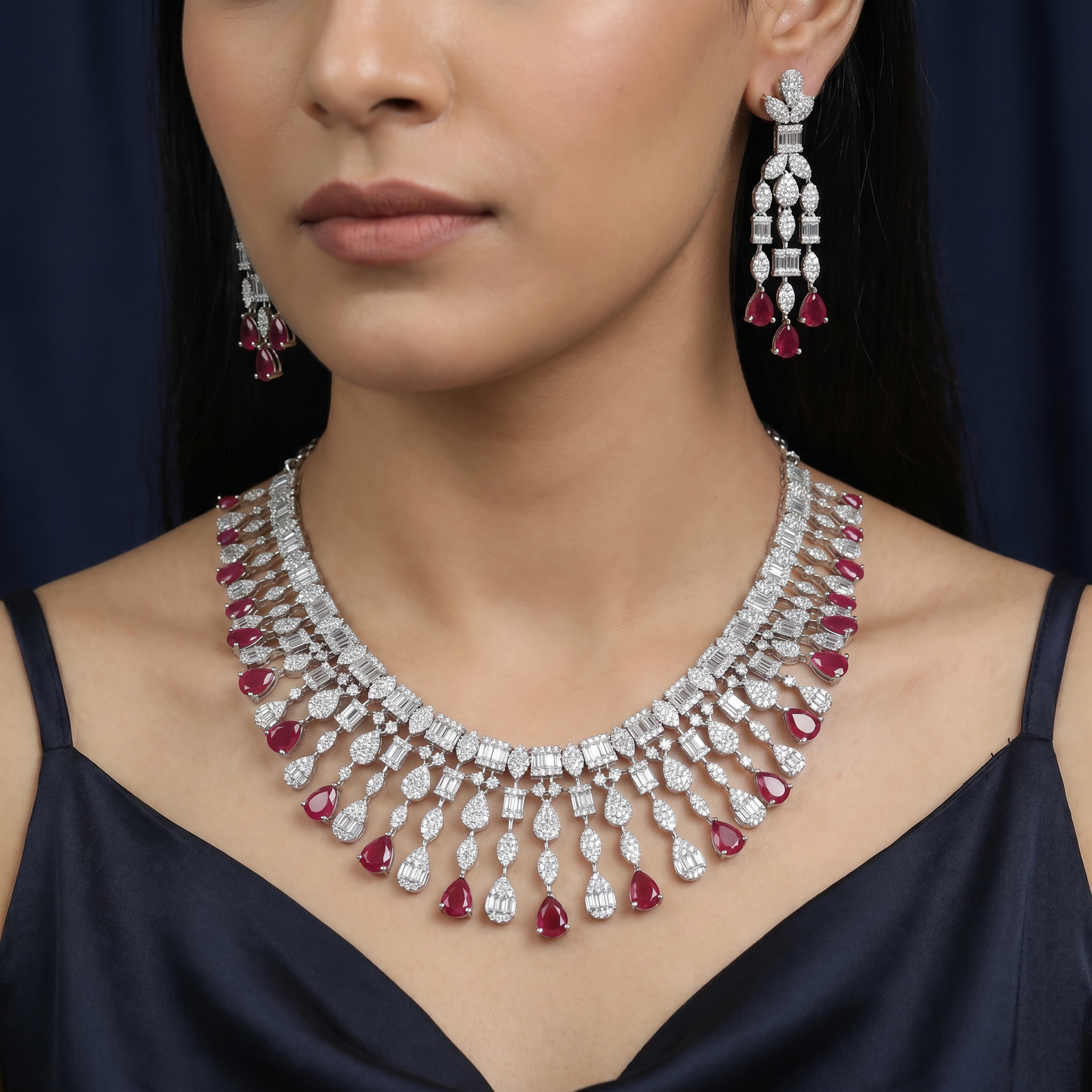 Crystal Fringe Rhodium Necklace with Scalloped Necklace Design
