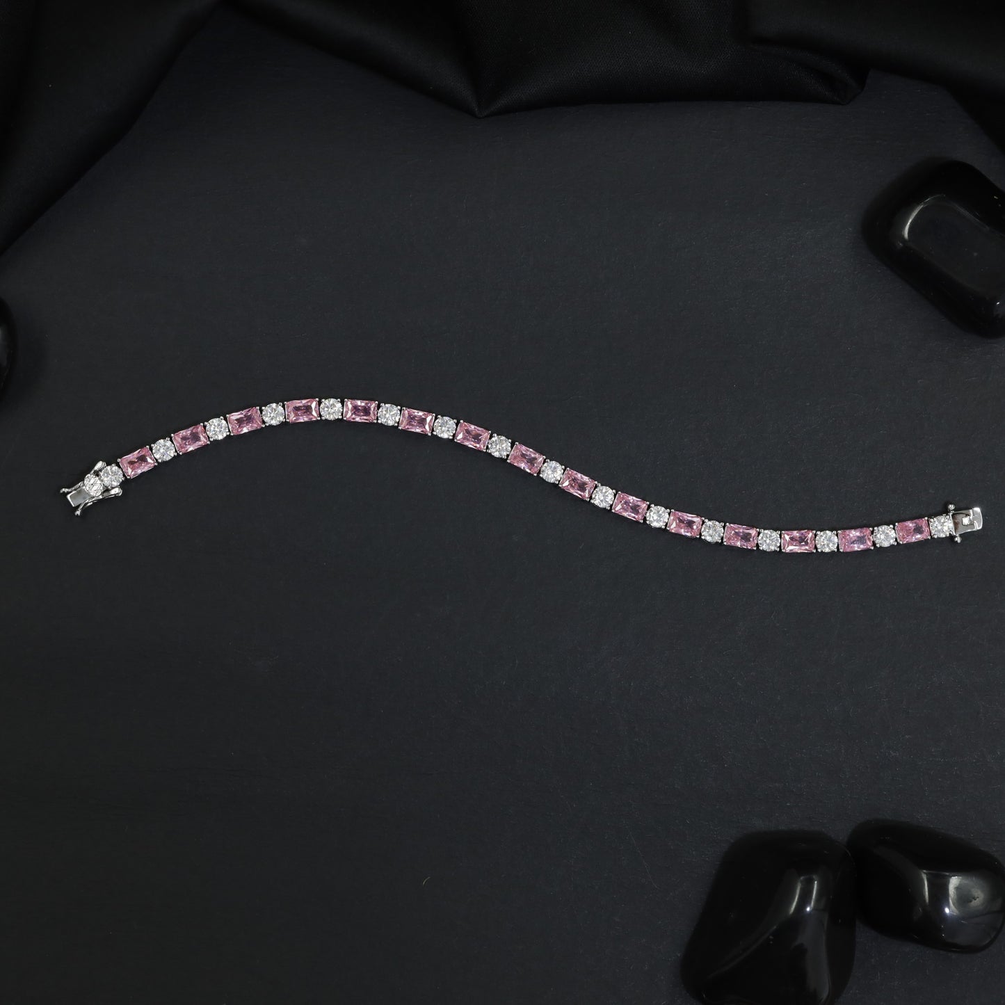 Rhodium Statement Bracelet Featuring Cushion Links and Cluster Connectors