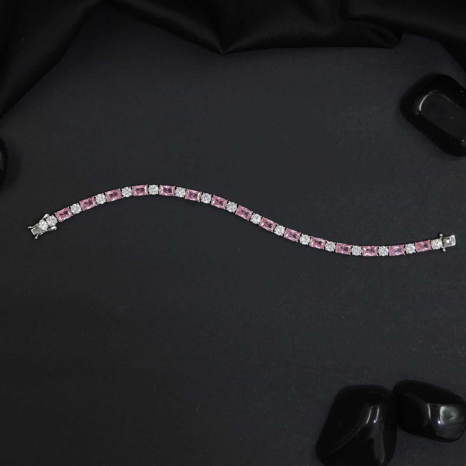 Rhodium Statement Bracelet Featuring Cushion Links and Cluster Connectors