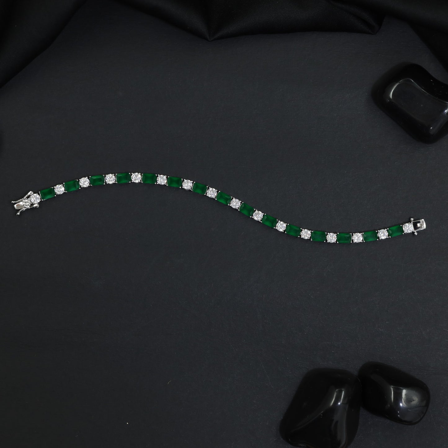Rhodium Statement Bracelet Featuring Cushion Links and Cluster Connectors