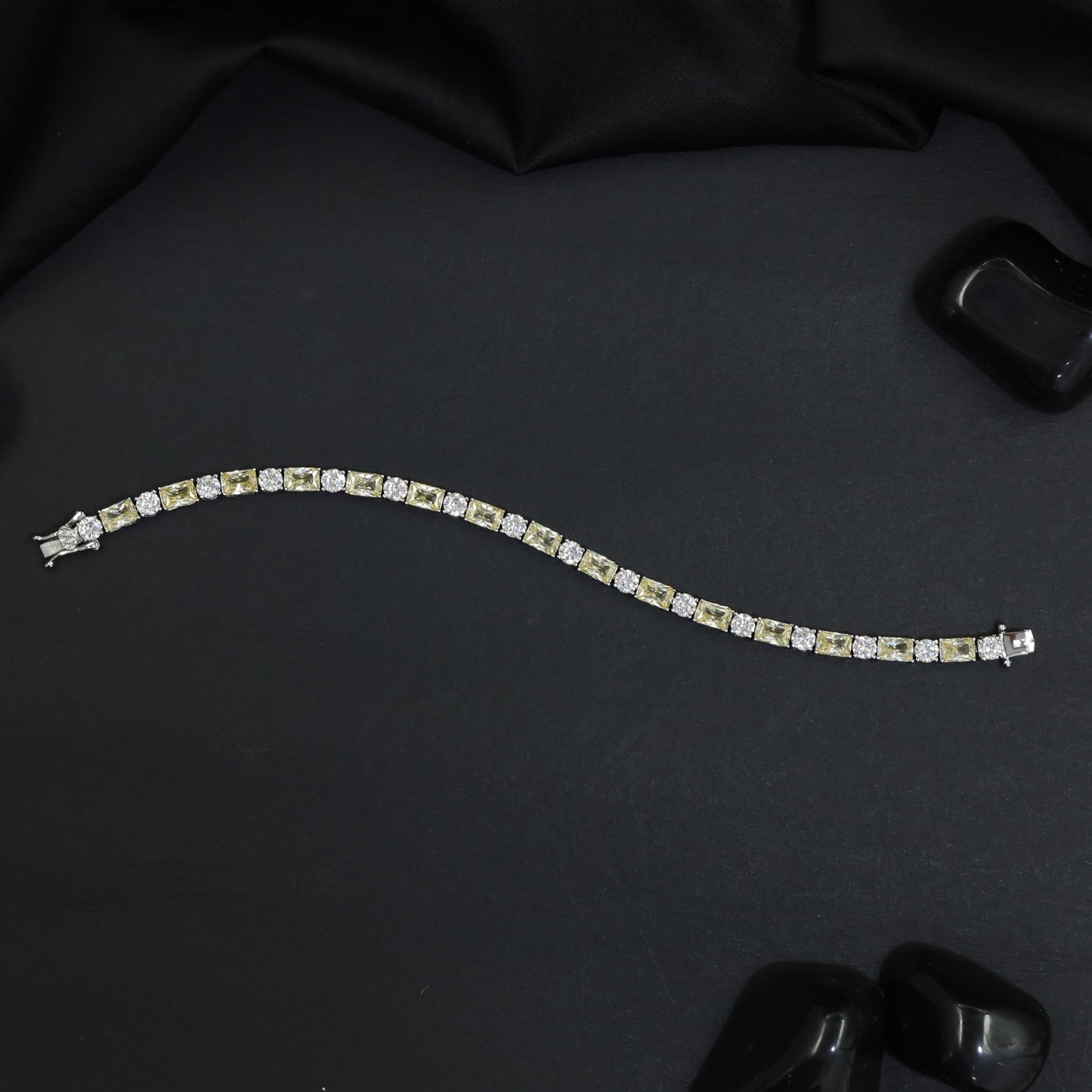 Rhodium Statement Bracelet Featuring Cushion Links and Cluster Connectors