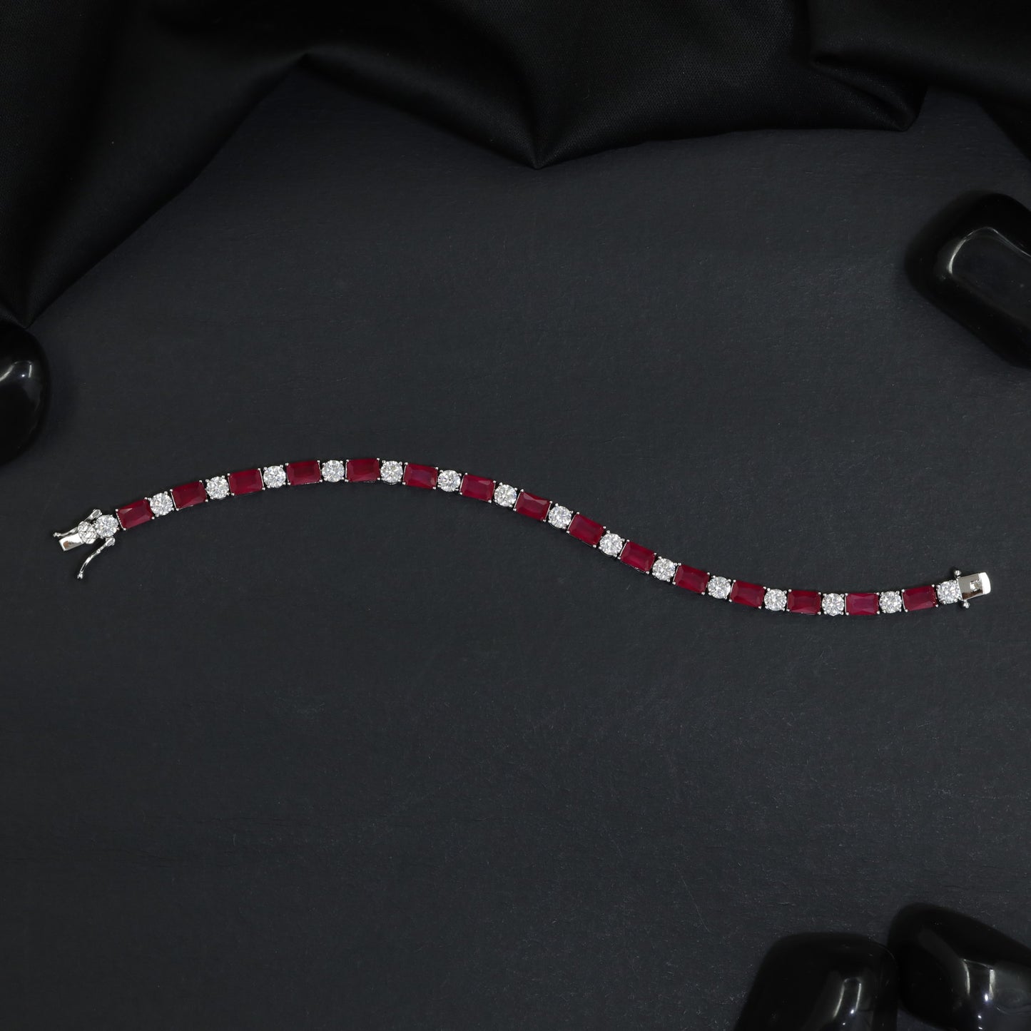 Rhodium Statement Bracelet Featuring Cushion Links and Cluster Connectors
