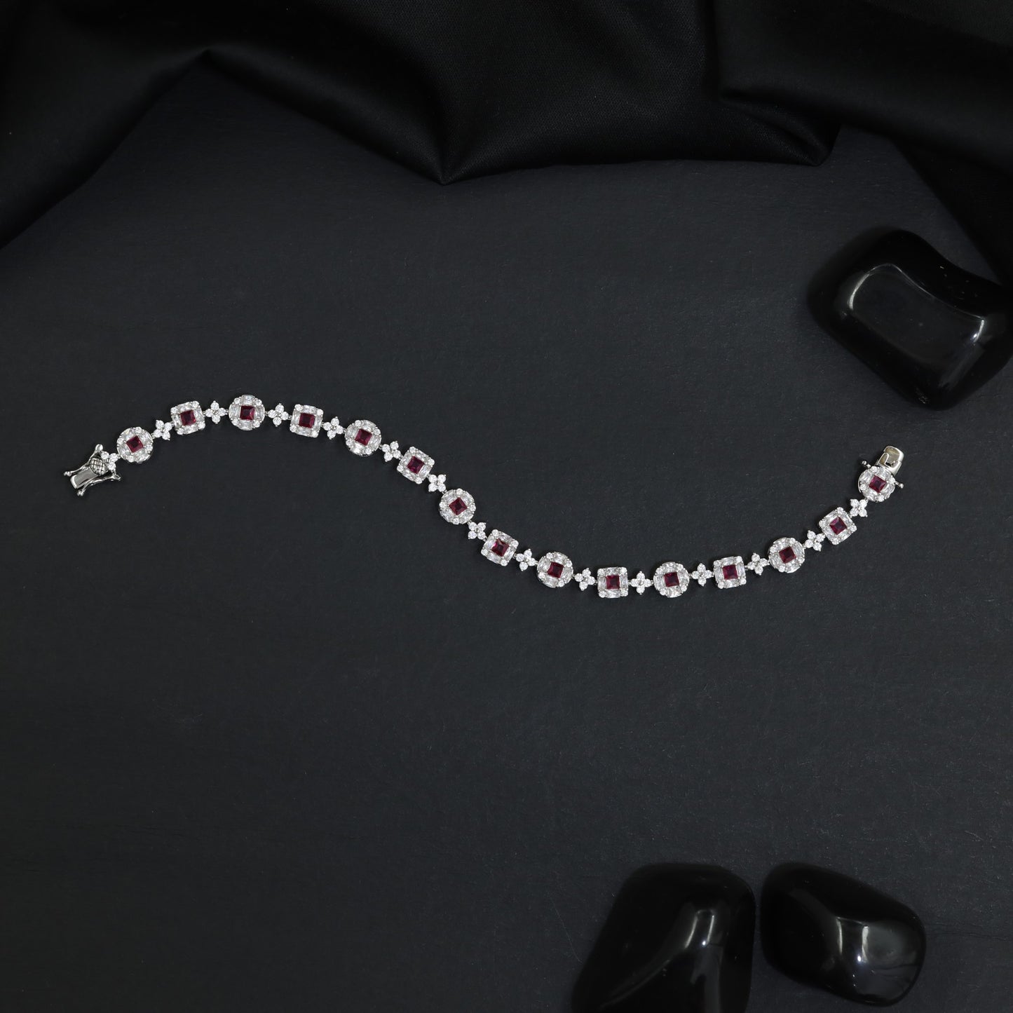 Rhodium Bracelet with Circular Links and Square Connectors