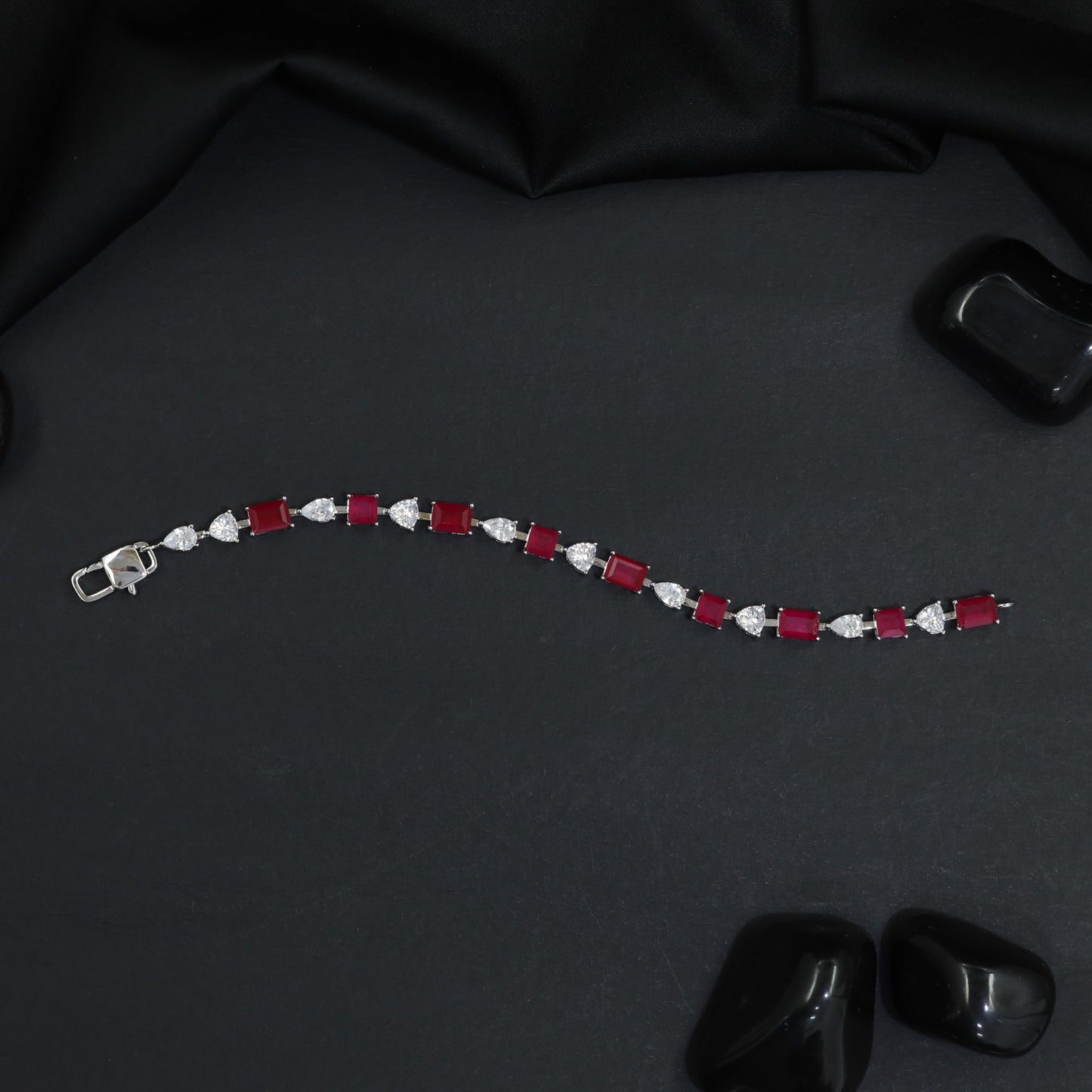 Rhodium Bracelet with Rectangular Links and Decorative Heart Connectors