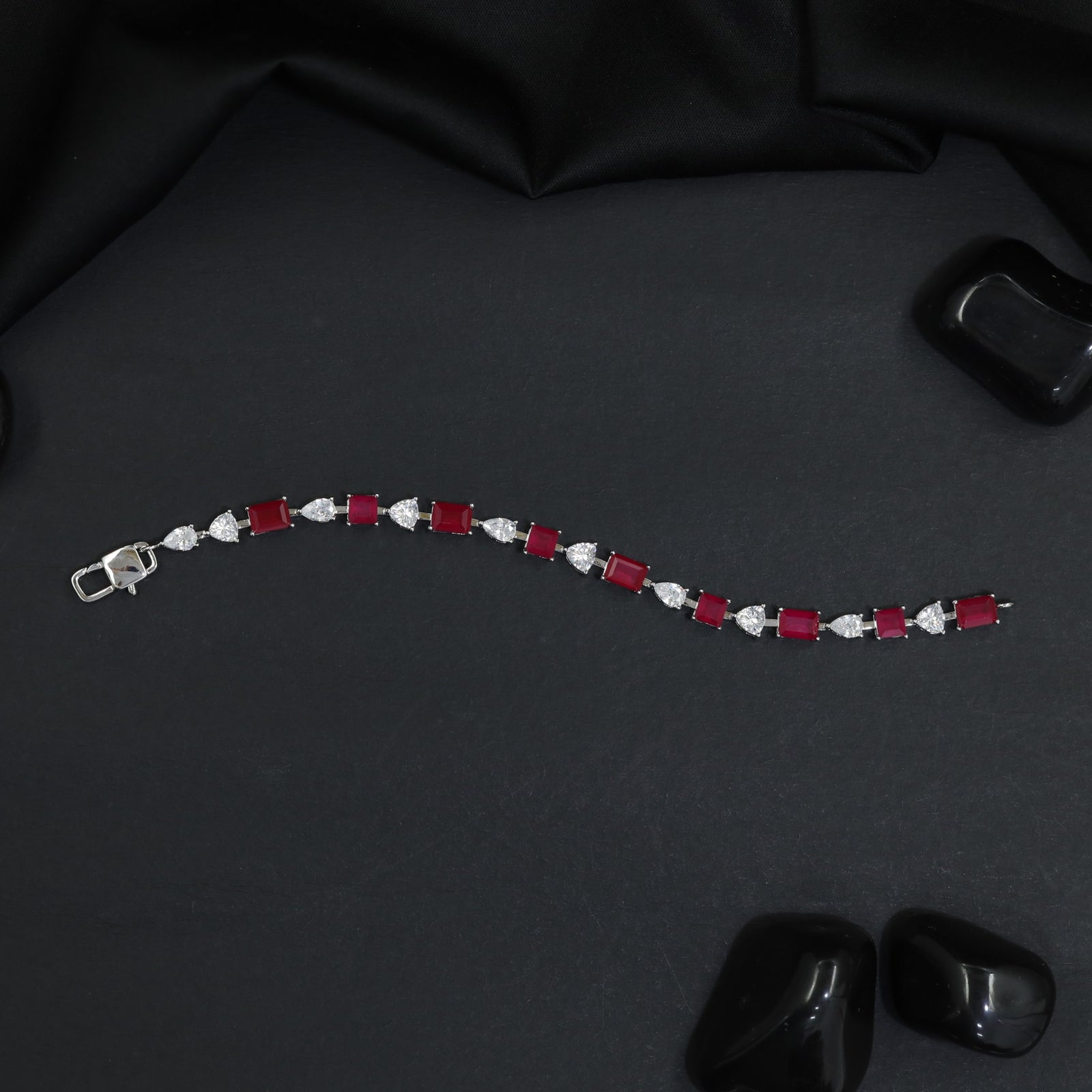 Rhodium Bracelet with Rectangular Links and Decorative Heart Connectors