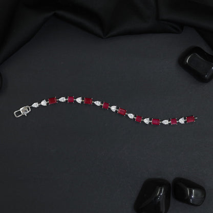 Rhodium Bracelet with Rectangular Links and Decorative Heart Connectors