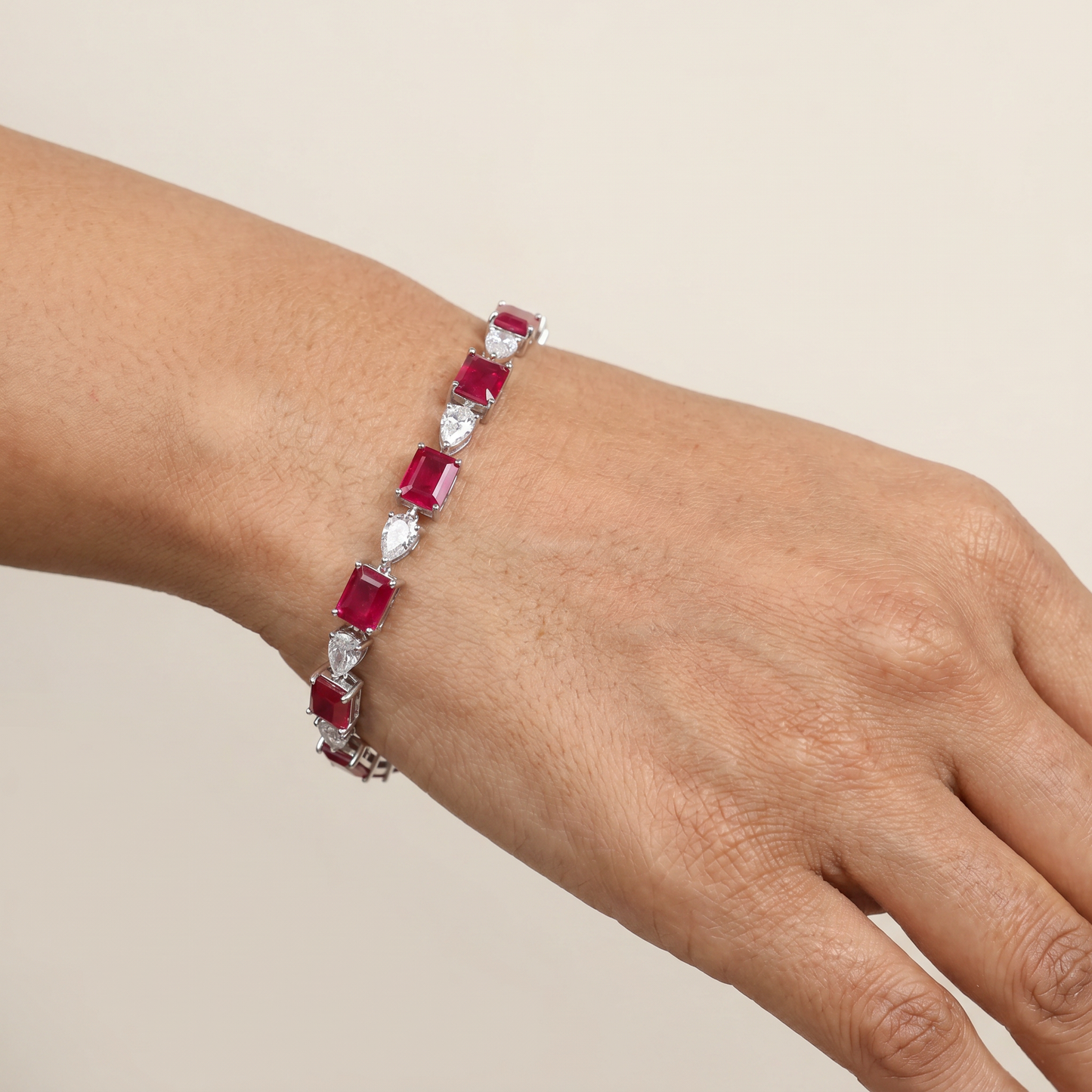 Rhodium Bracelet with Rectangular Links and Decorative Heart Connectors