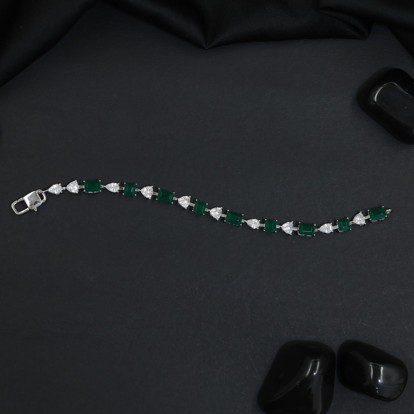 Rhodium Bracelet with Rectangular Links and Decorative Heart Connectors