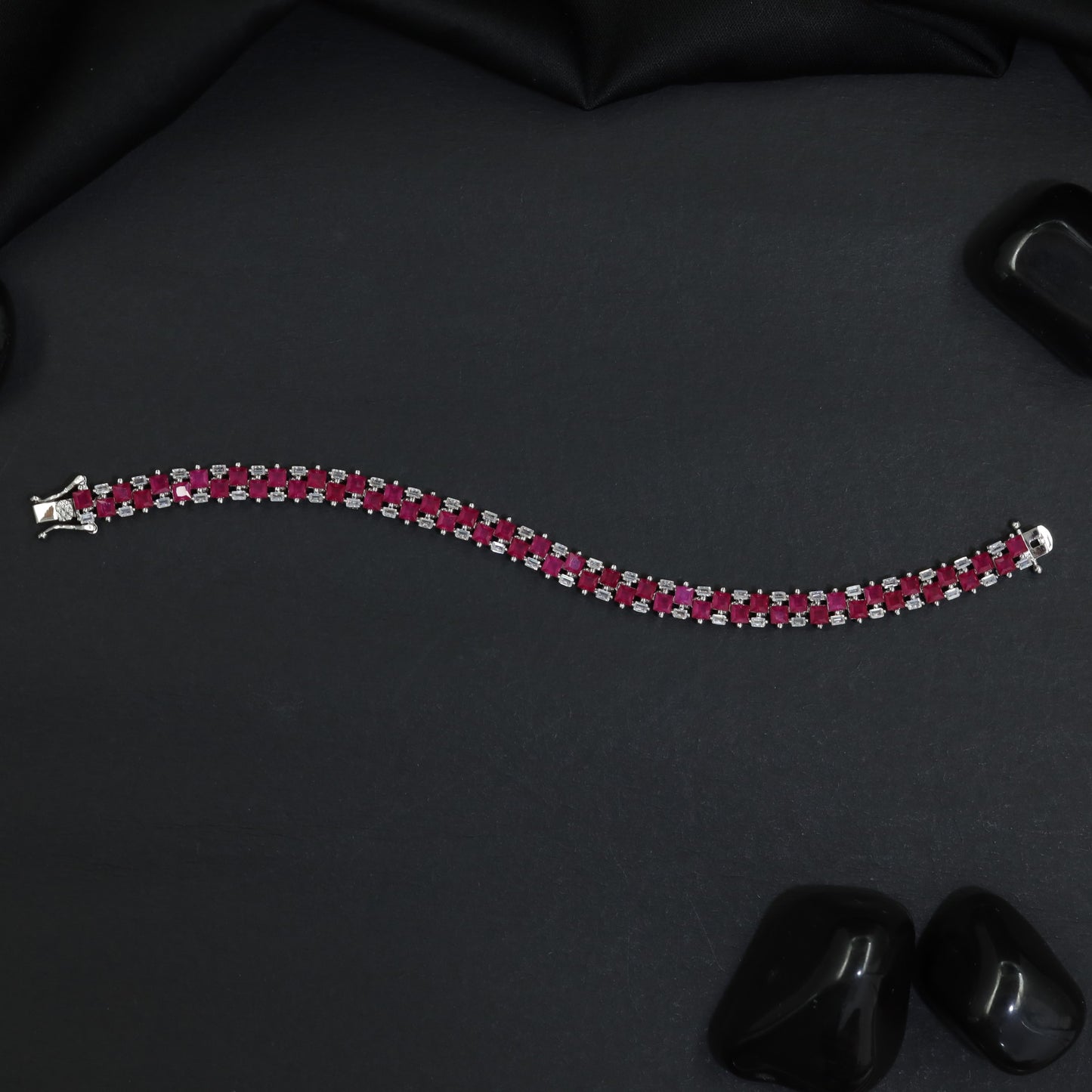 Rhodium Link Bracelet Showcasing Cushion Links in a Twin Row Pattern