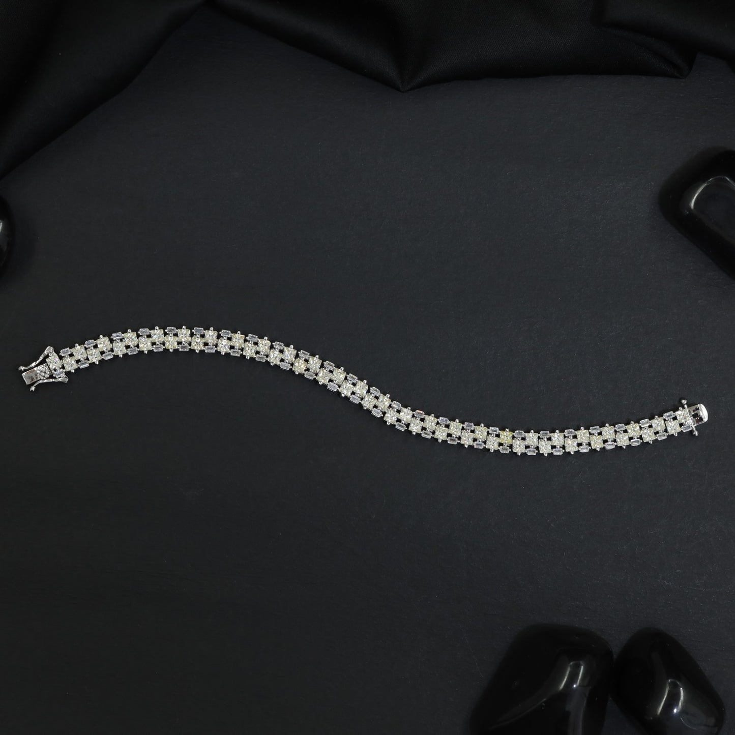 Rhodium Link Bracelet Showcasing Cushion Links in a Twin Row Pattern