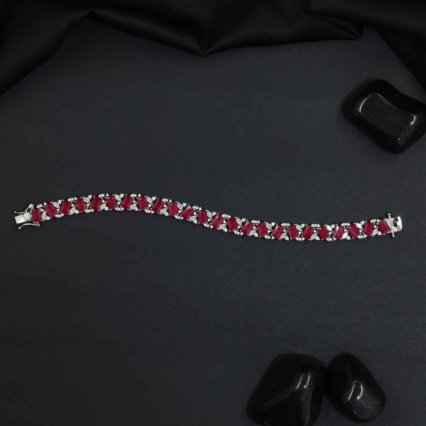 Rhodium Bracelet with Structured Chevron Links and Decorative Connectors