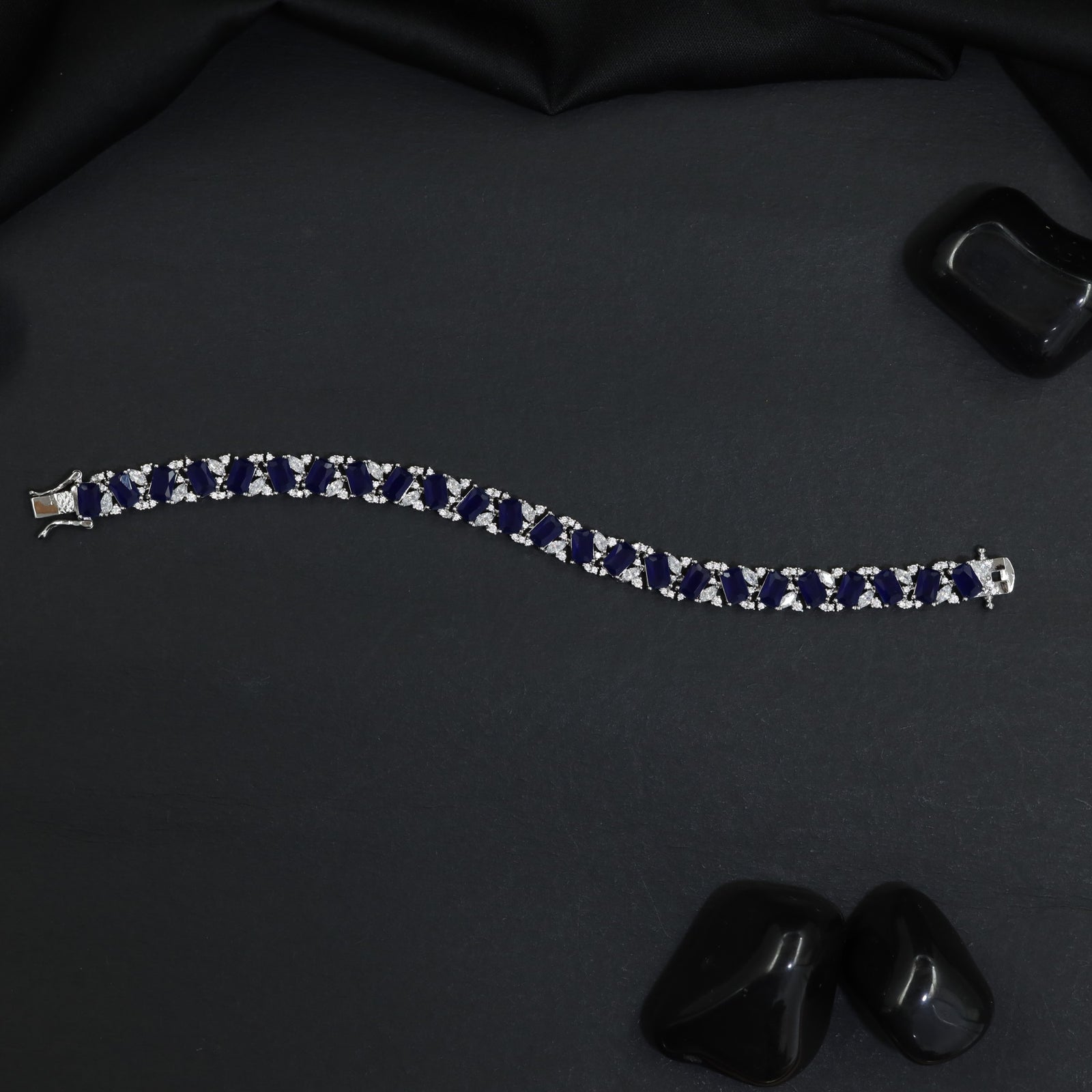 Rhodium Bracelet with Structured Chevron Links and Decorative Connectors