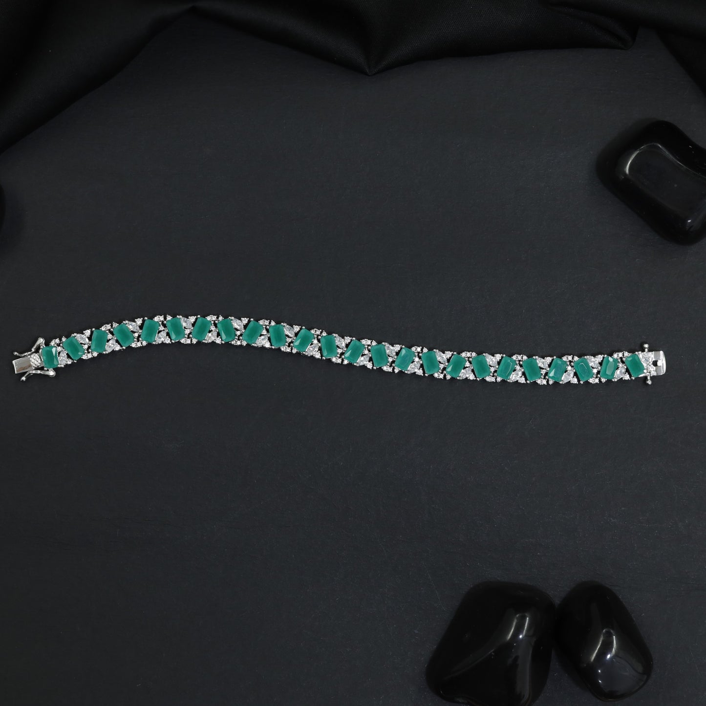 Rhodium Bracelet with Structured Chevron Links and Decorative Connectors