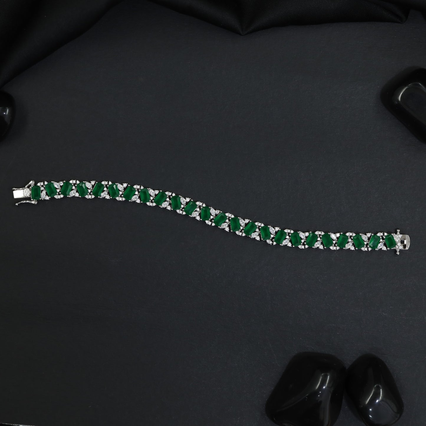 Rhodium Bracelet with Structured Chevron Links and Decorative Connectors