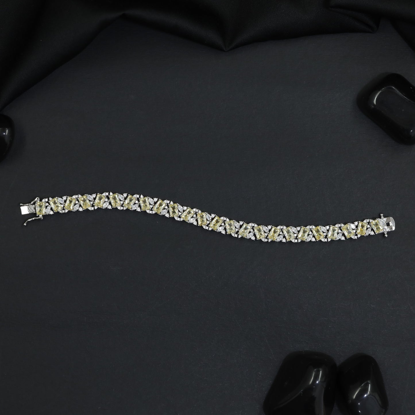 Rhodium Bracelet with Structured Chevron Links and Decorative Connectors