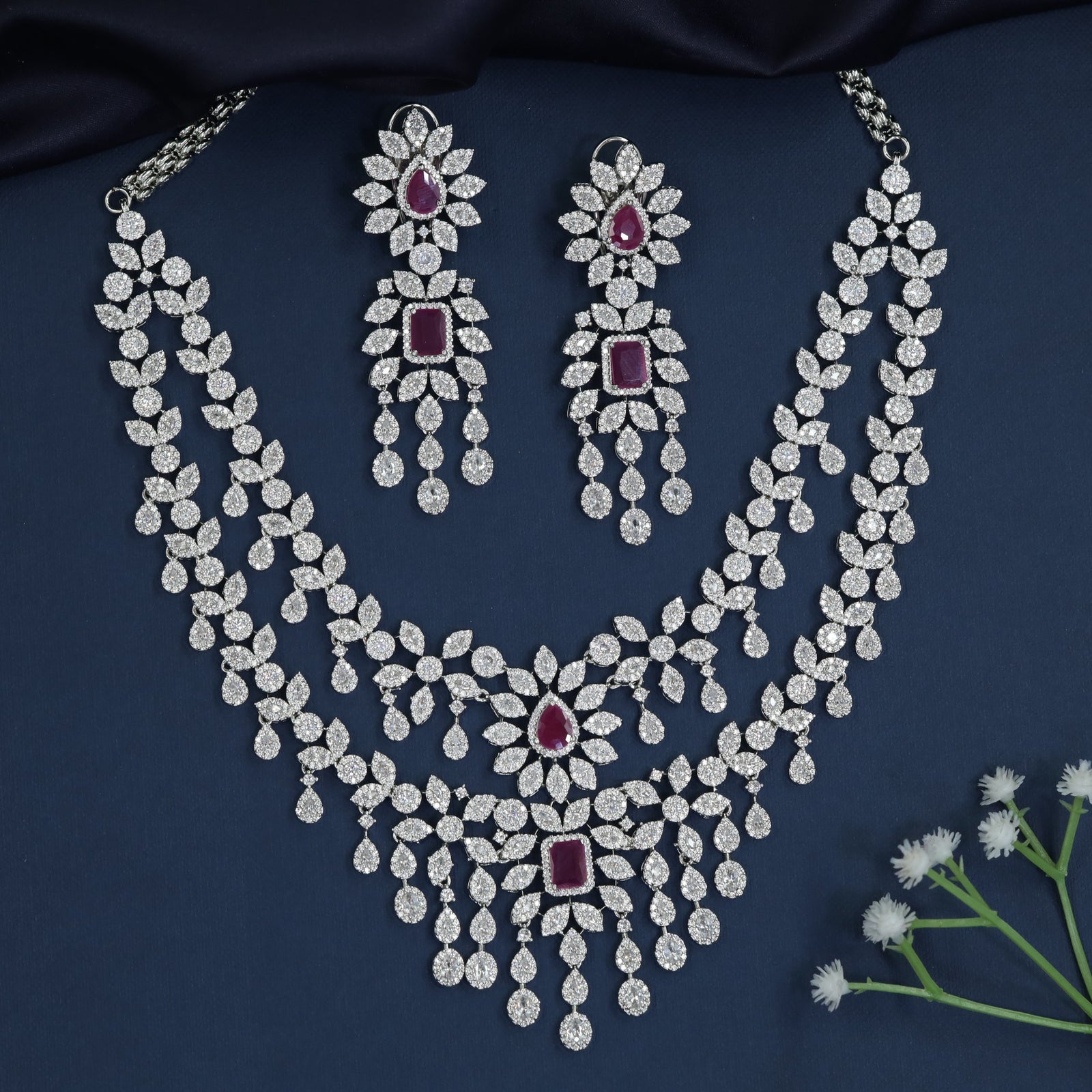 Floral Chandelier Rhodium Necklace with Multi Layer Drop Styling