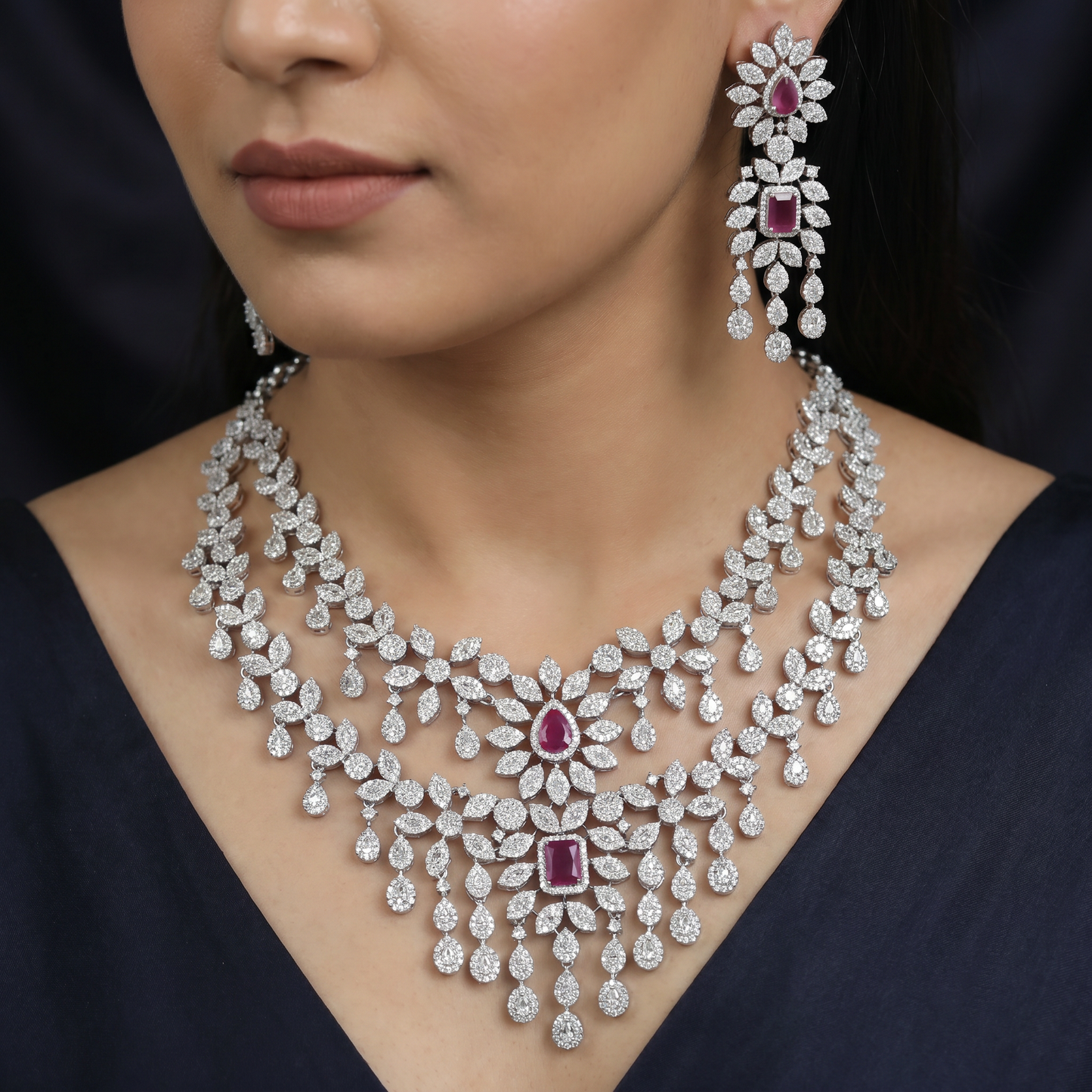 Floral Chandelier Rhodium Necklace with Multi Layer Drop Styling
