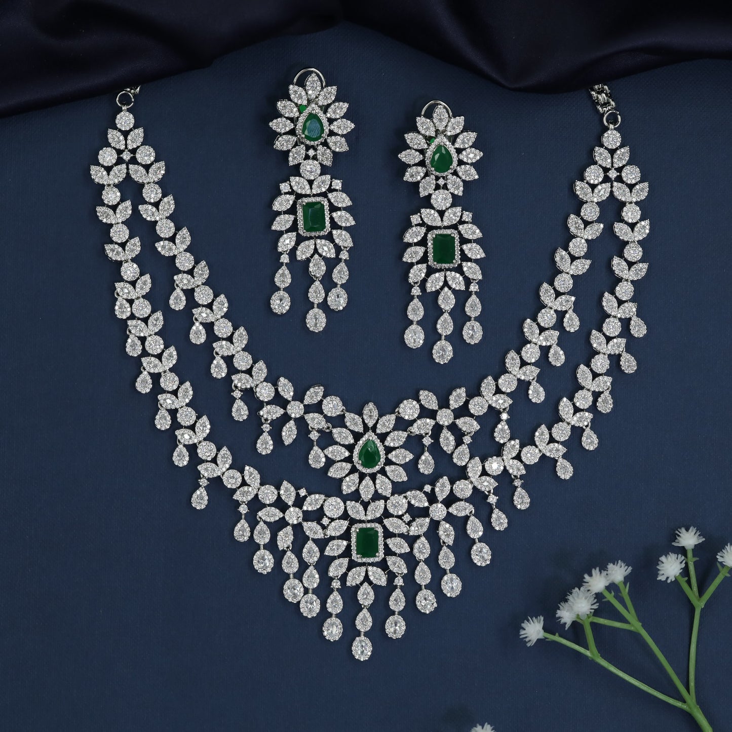 Floral Chandelier Rhodium Necklace with Multi Layer Drop Styling